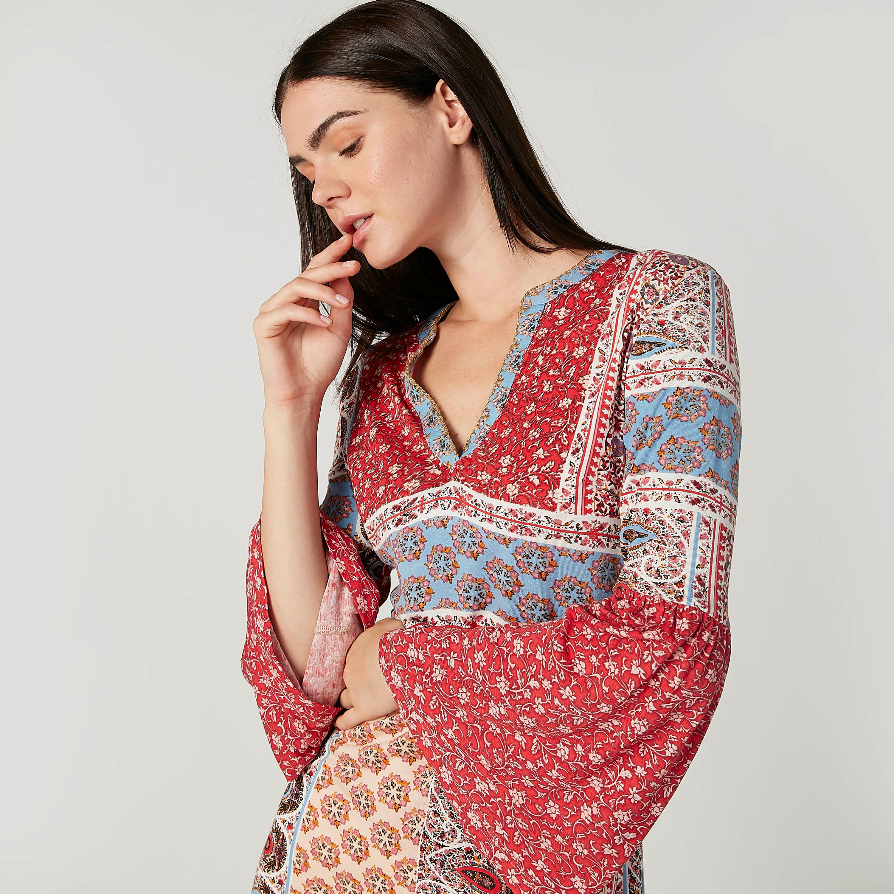 Printed Tunic with V-neck and Bell Sleeves-women-clothing-shirtsandblouses-blouses-image-3