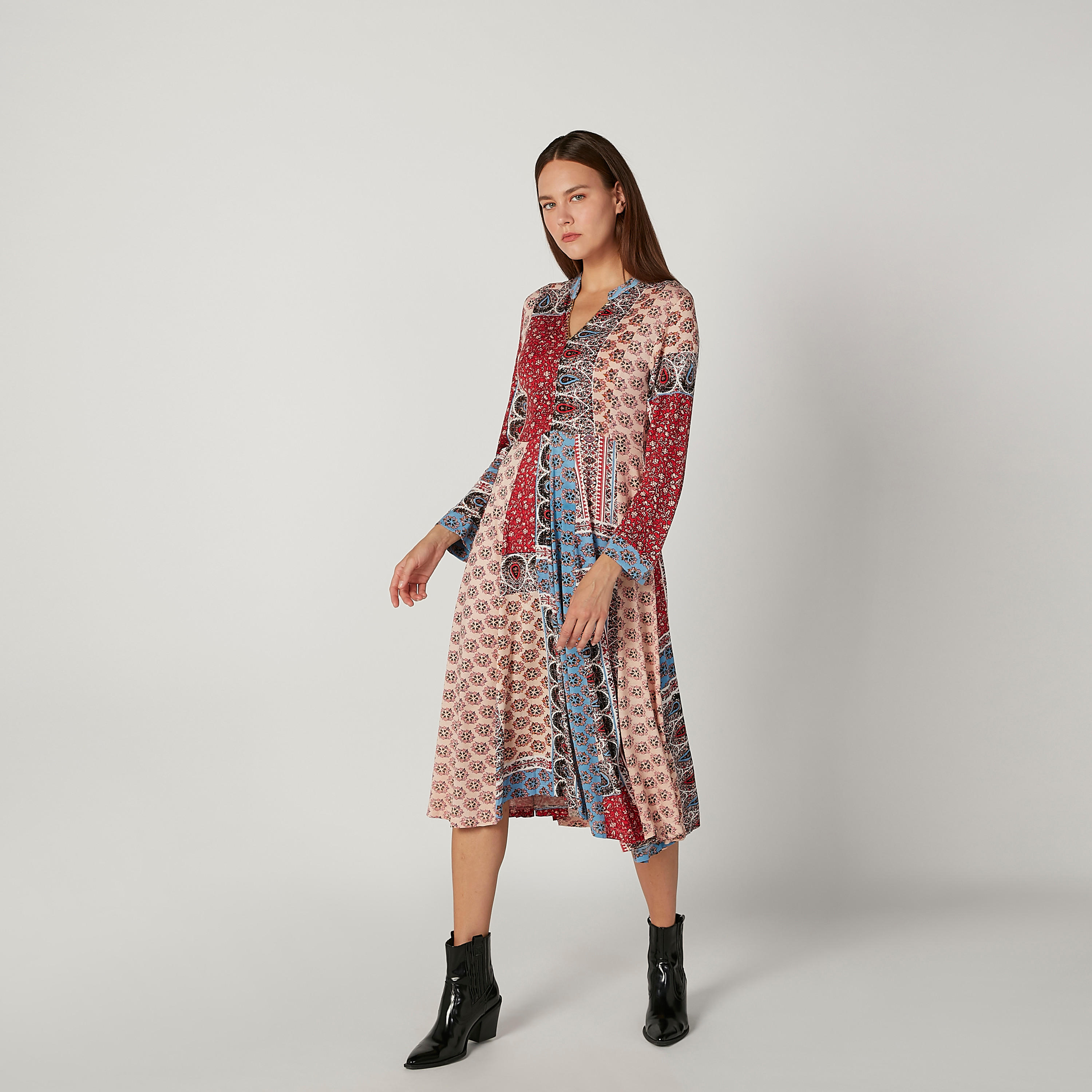 Printed Midi A-line Dress with V-neck and Long Sleeves-women-clothing-dresses-image-1