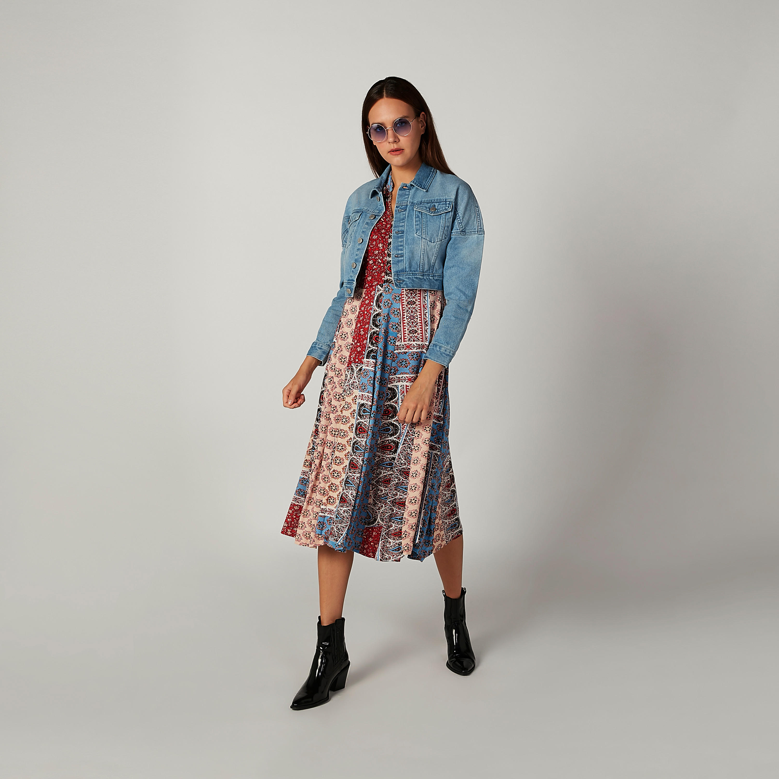 Printed Midi A-line Dress with V-neck and Long Sleeves-women-clothing-dresses-image-2