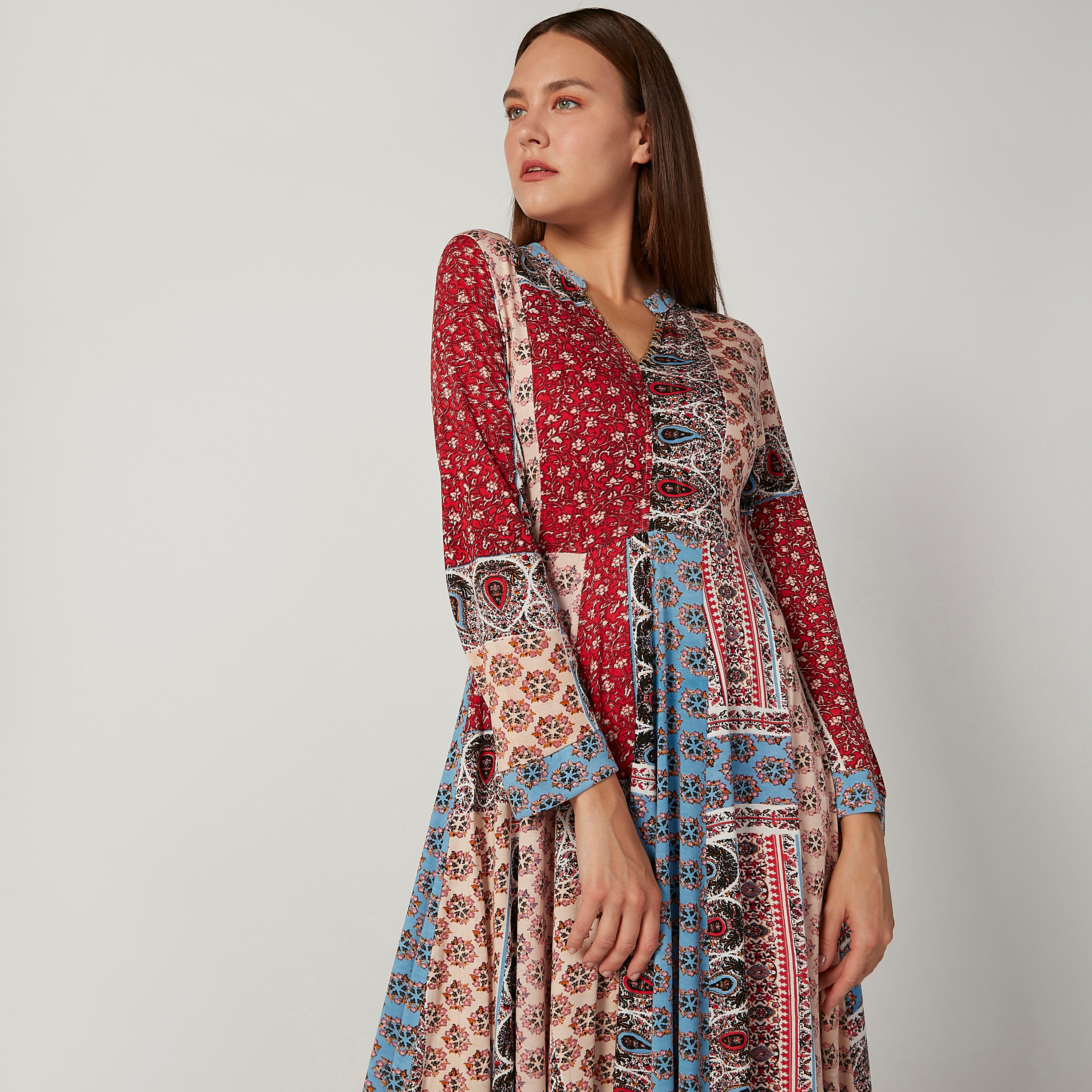Printed Midi A-line Dress with V-neck and Long Sleeves-women-clothing-dresses-image-3