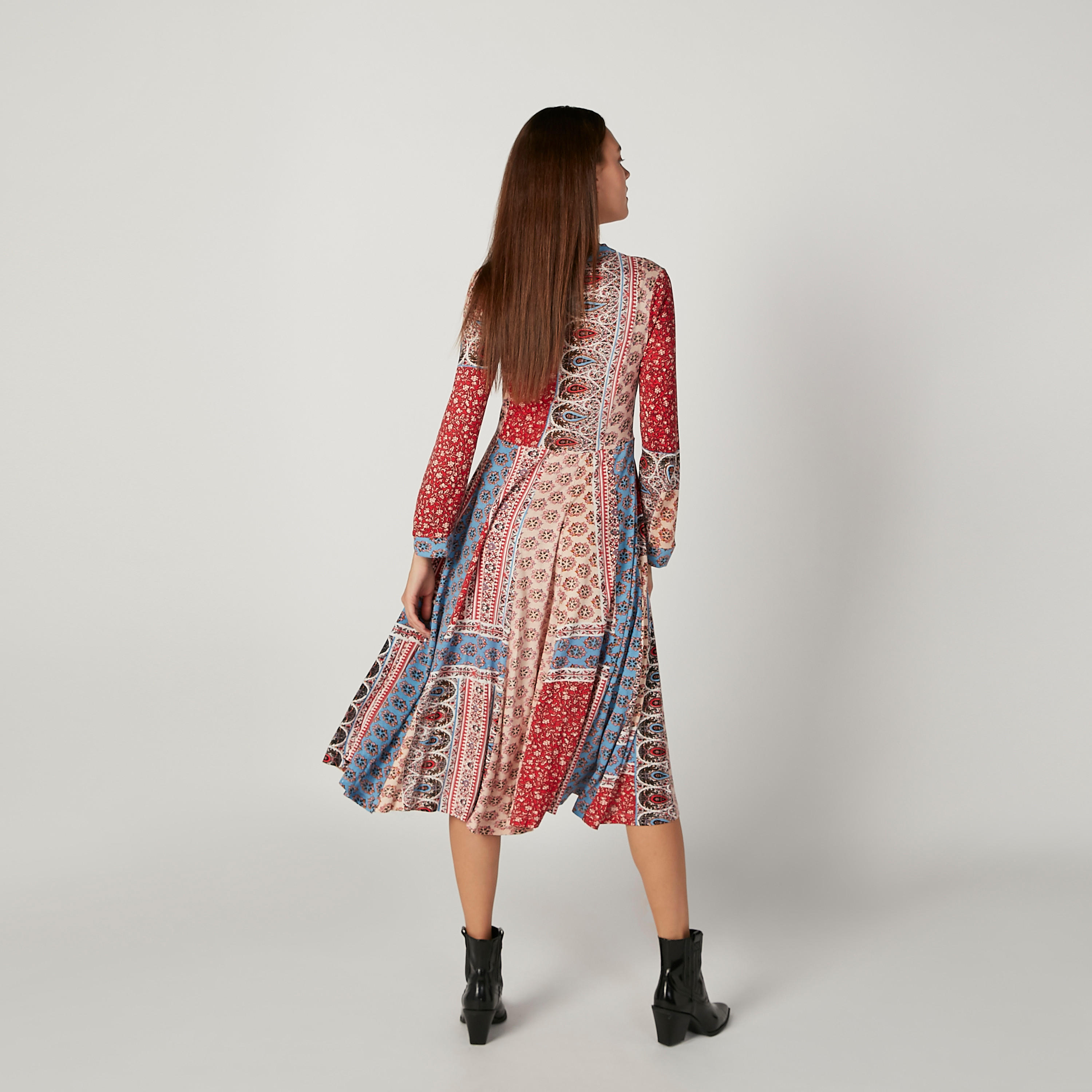 Printed Midi A-line Dress with V-neck and Long Sleeves-women-clothing-dresses-image-4