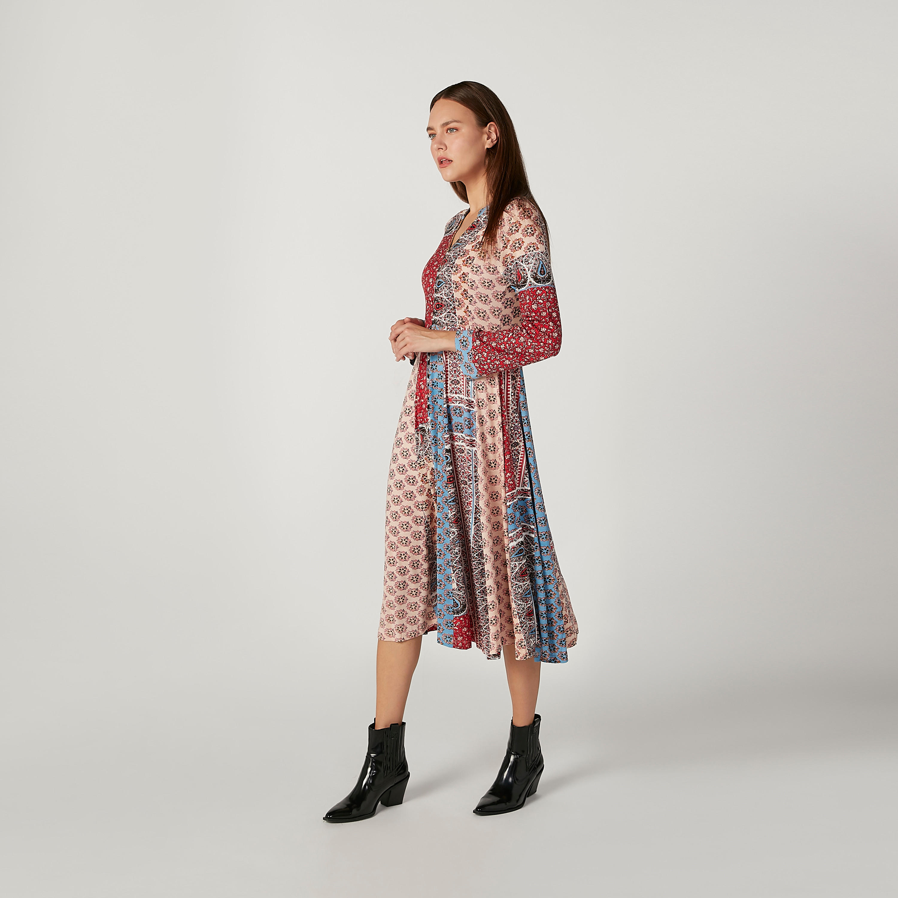 Printed Midi A-line Dress with V-neck and Long Sleeves-women-clothing-dresses-image-5