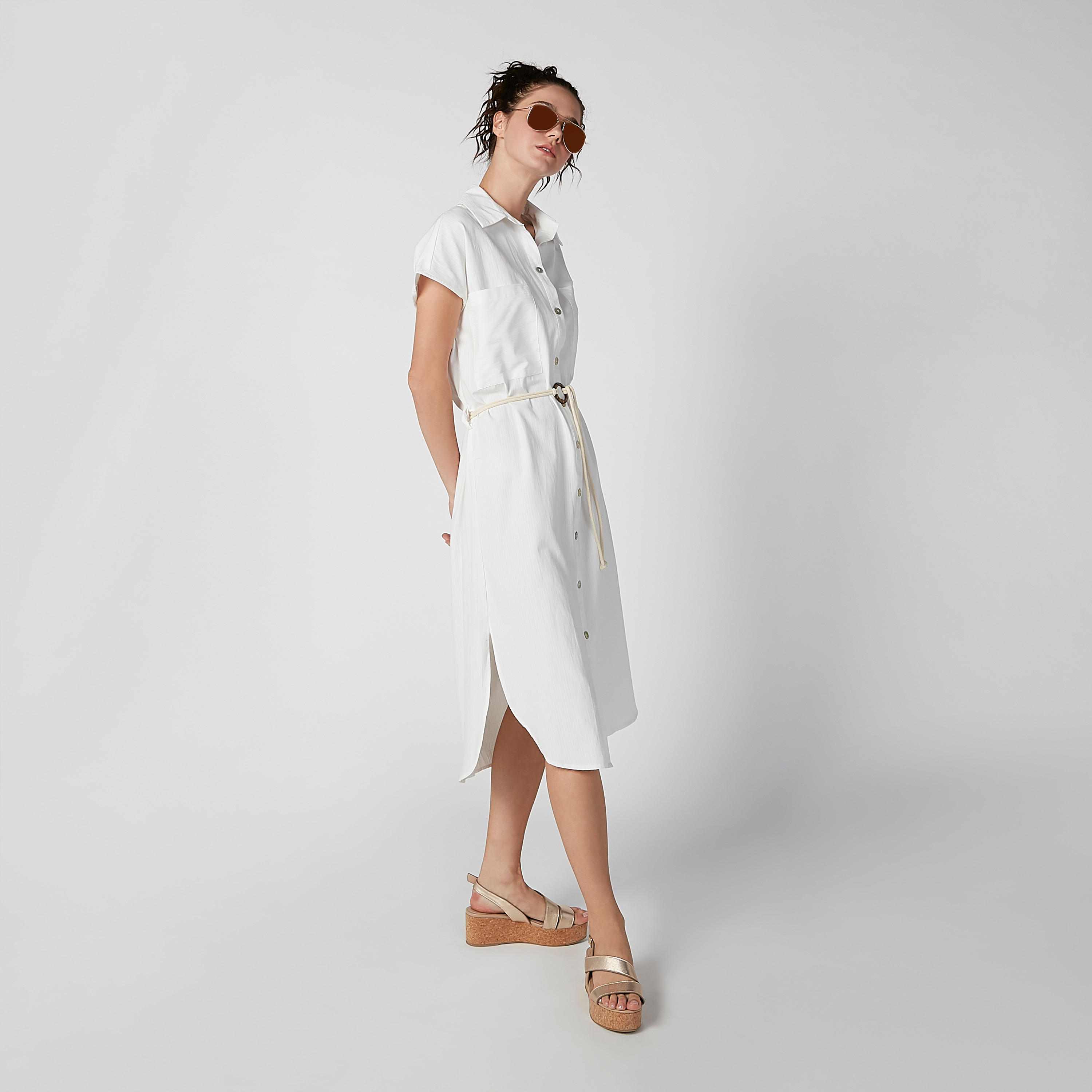 فستان قميص ميدي سادة بياقة عاديّة وأكمام كاب-women-clothing-dresses-image-2