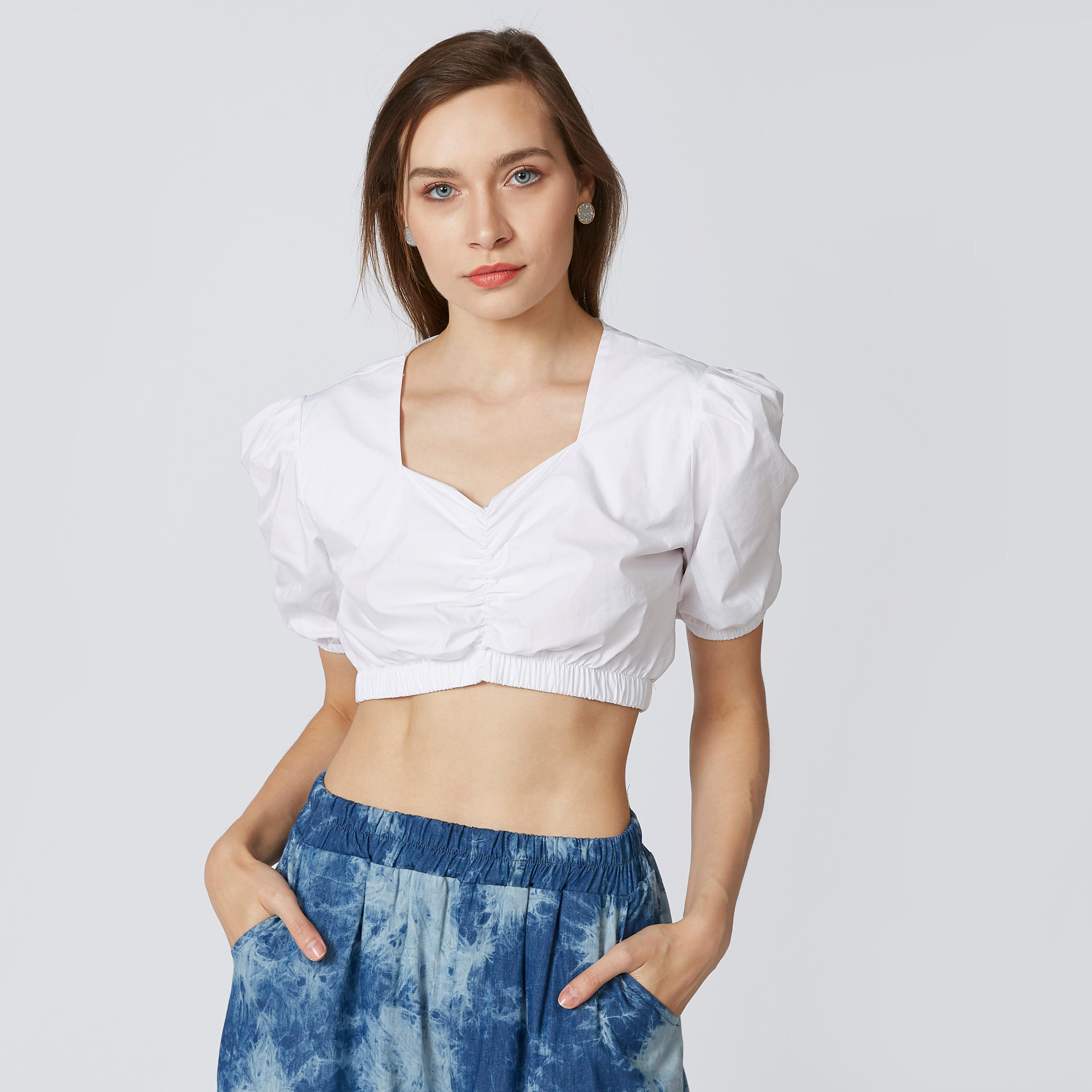 Plain Crop Top with Puffed Short Sleeves-women-clothing-shirtsandblouses-blouses-image-2