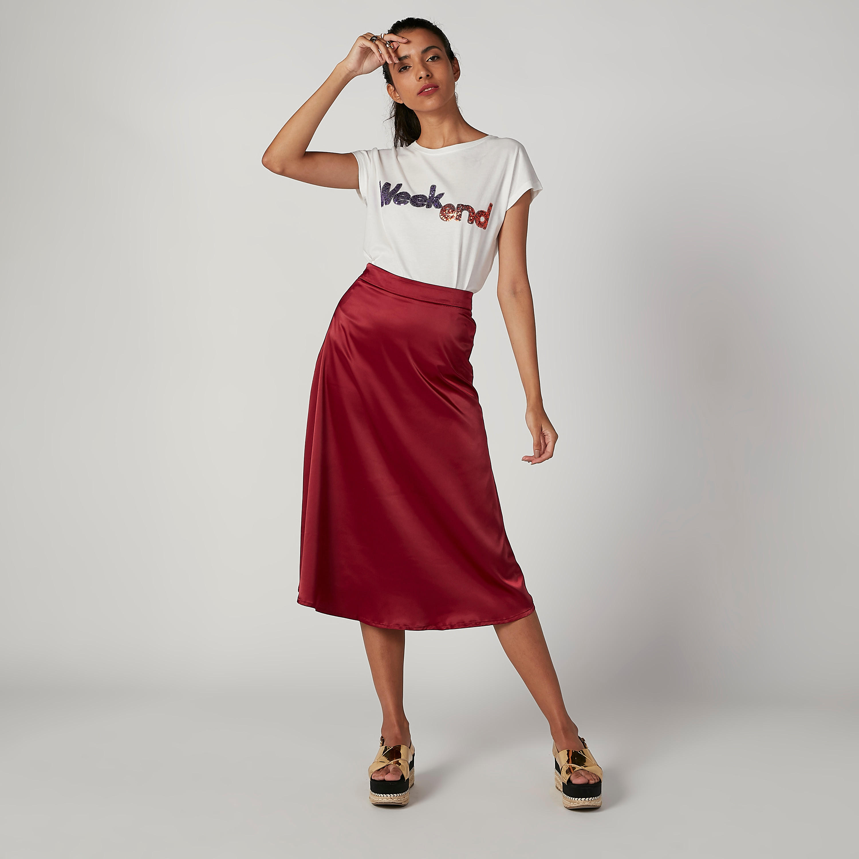 تنورة ميدي إيه لاين سادة بخصر مطّاطي-women-clothing-bottoms-skirts-image-2