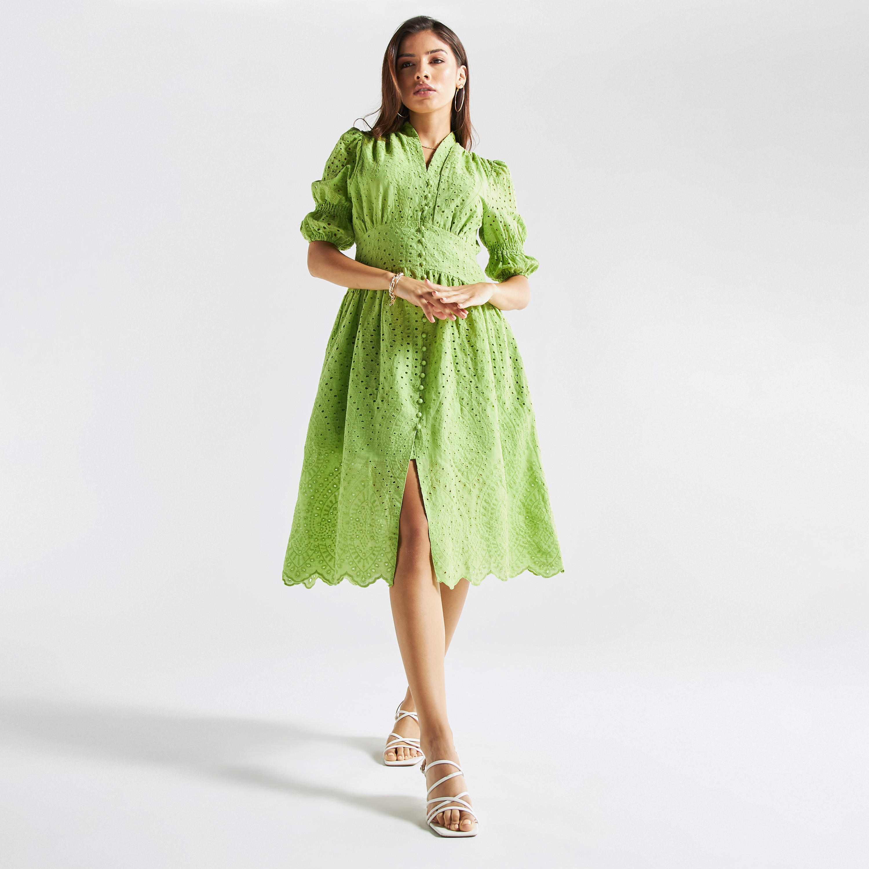 فستان مطرّز شيفلي بأكمام منفوخة وجيوب-women-clothing-dresses-image-1