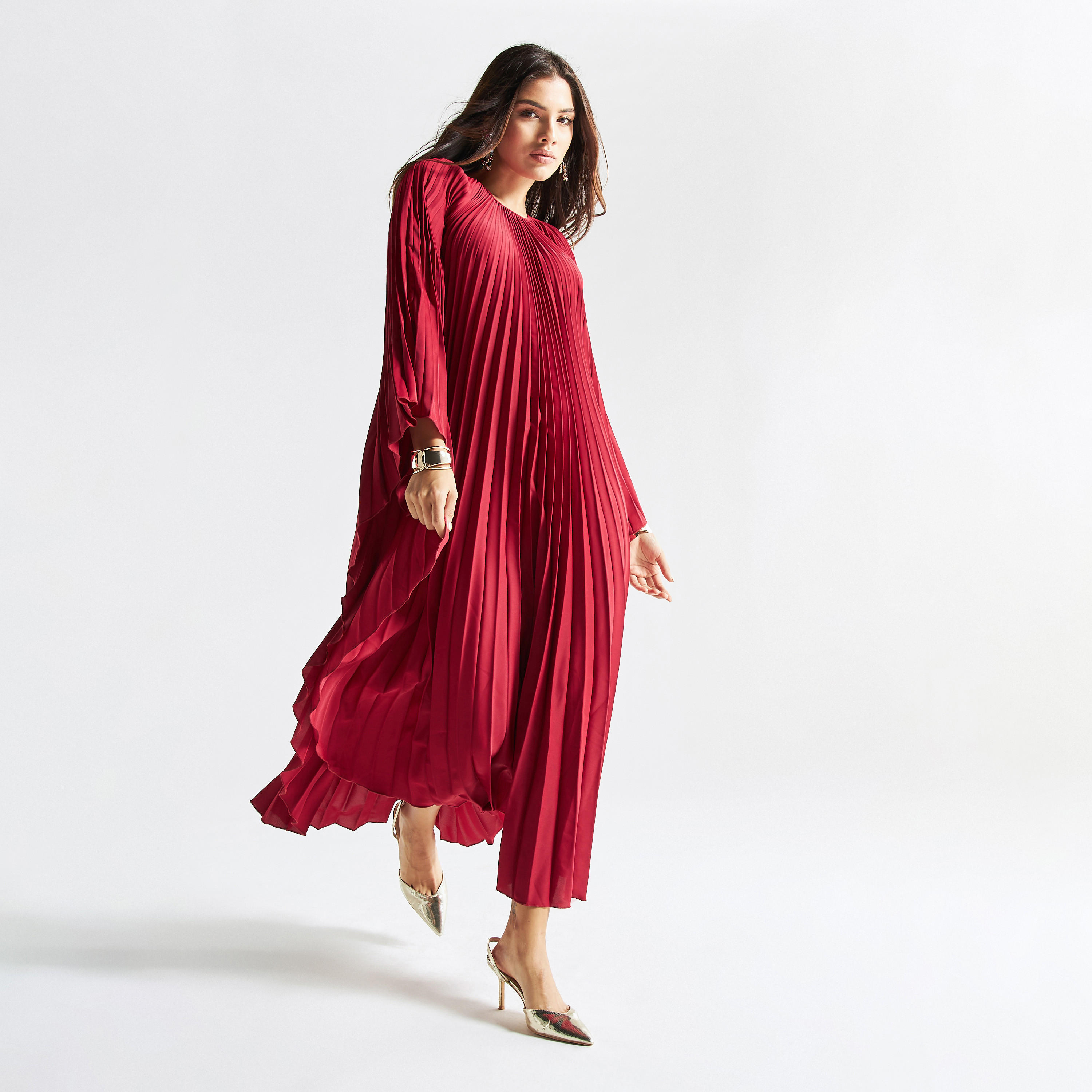 فستان طويل بكسرات وأكمام واسعة-women-clothing-dresses-image-1