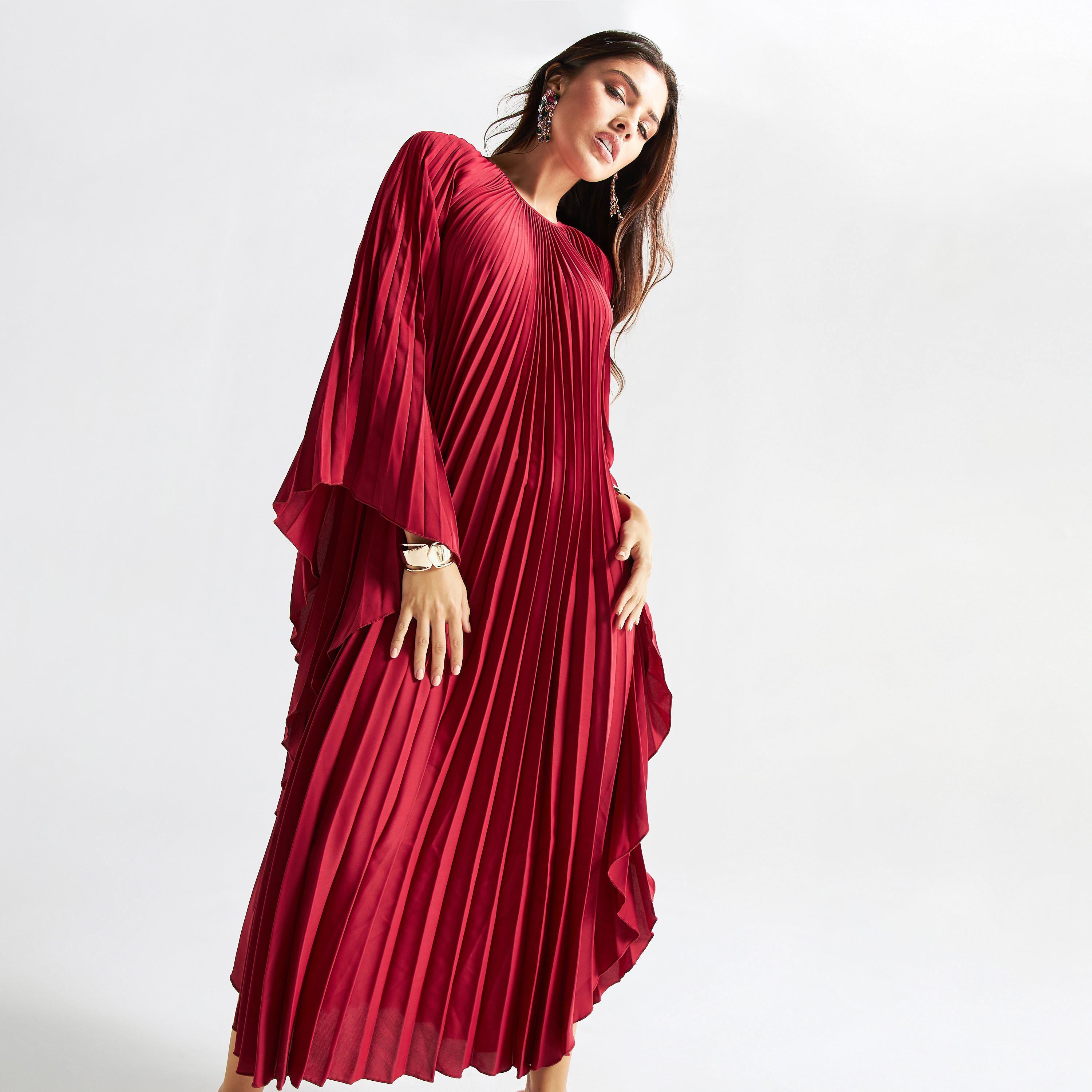 فستان طويل بكسرات وأكمام واسعة-women-clothing-dresses-image-2