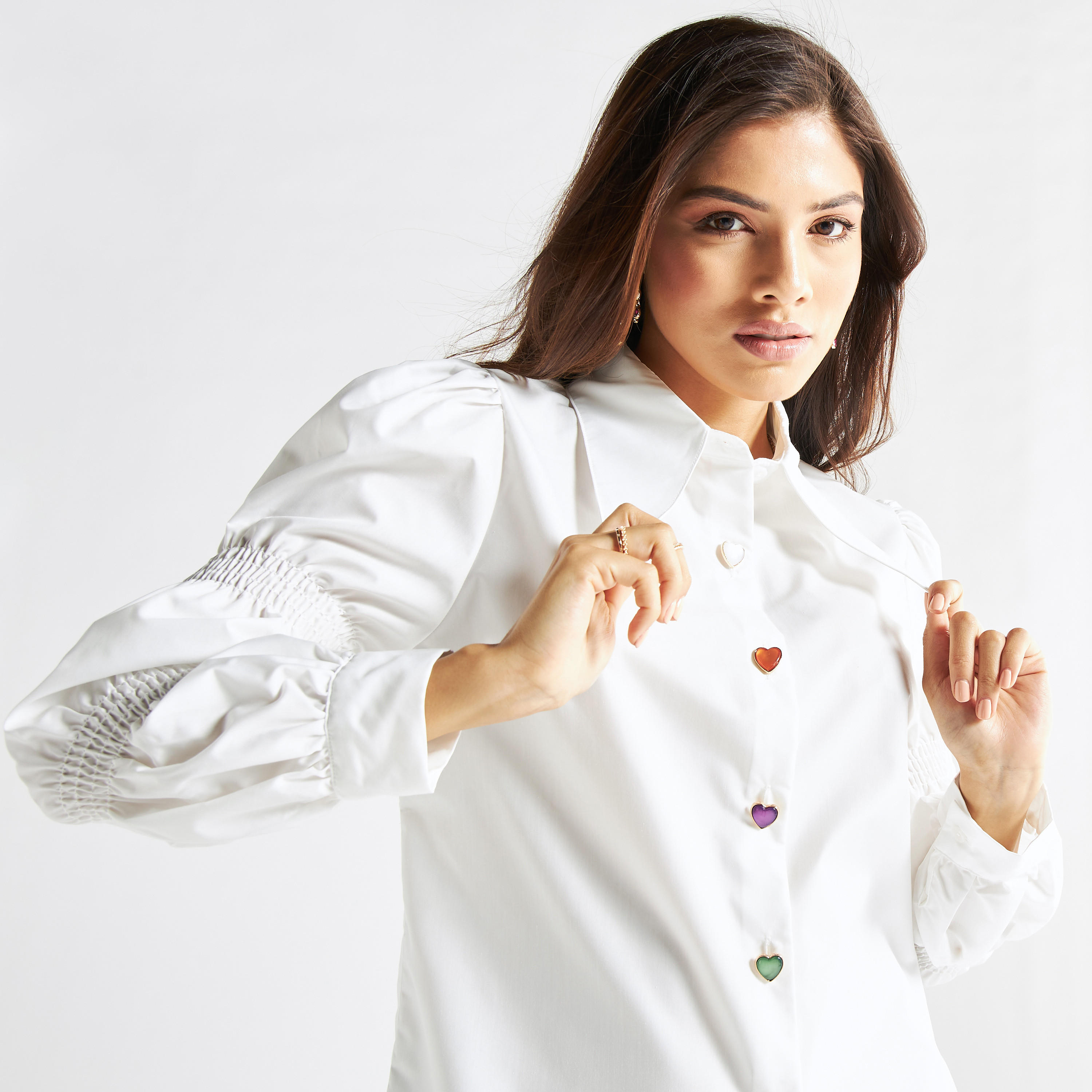 قميص سادة بأكمام منفوخة وتفاصيل كشكش-women-clothing-shirtsandblouses-shirts-image-4