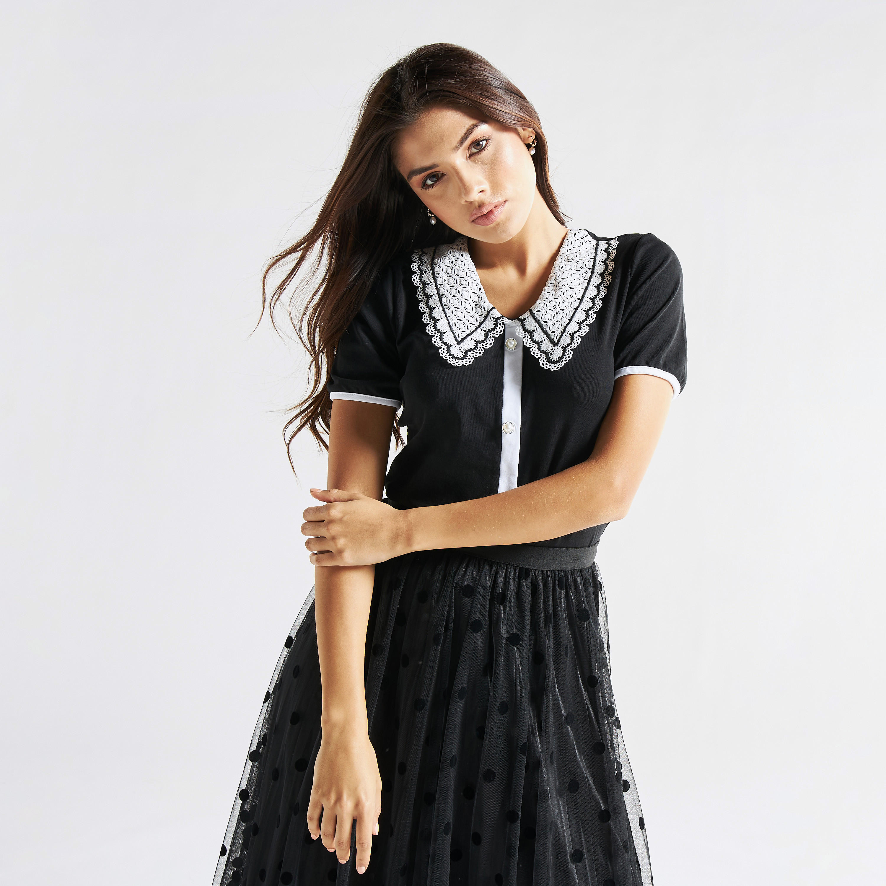Solid Top with Peter Pan Lace Collar and Short Sleeves-women-clothing-shirtsandblouses-blouses-image-1