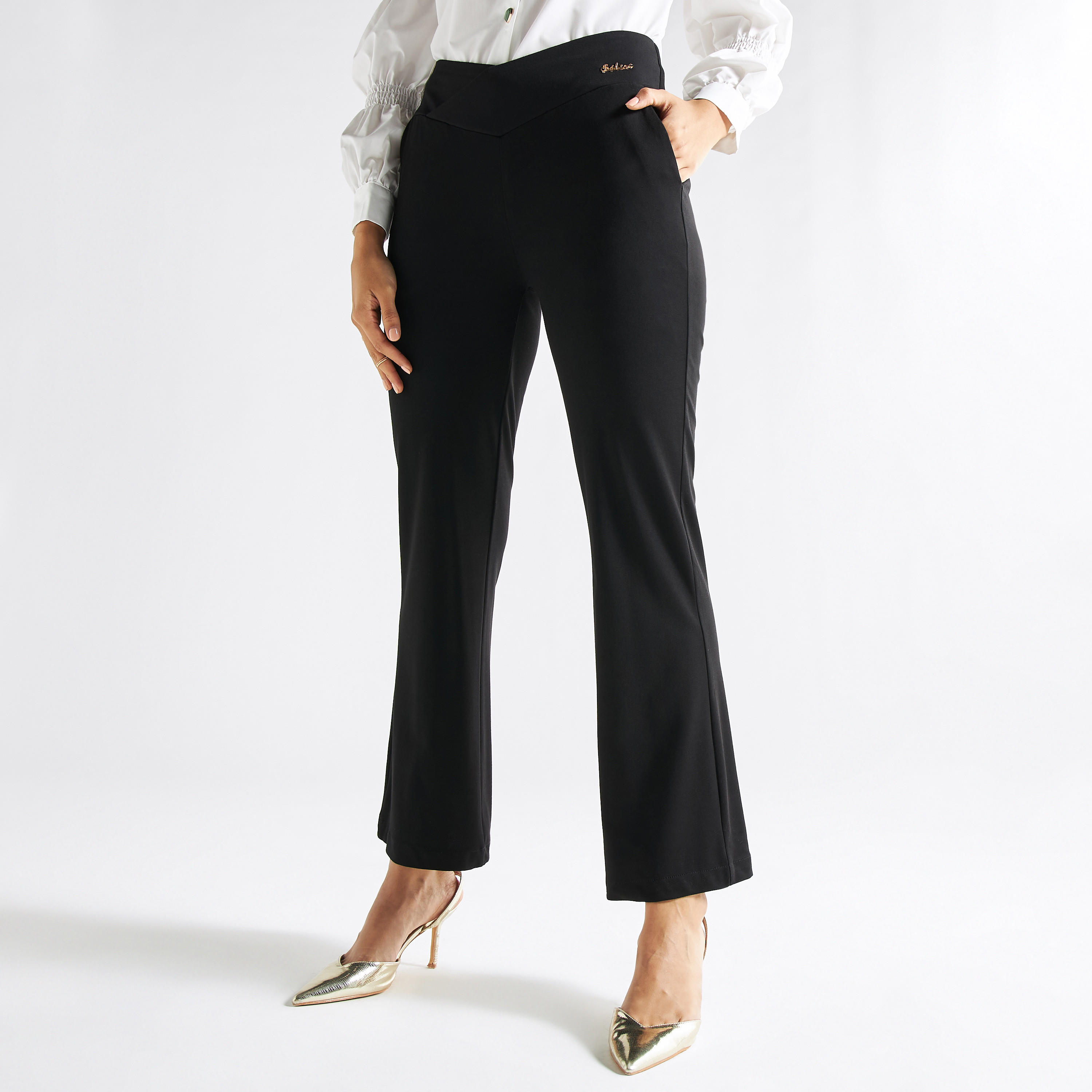 بنطلون بونتي بقصة عادية مع خصر مطاطي وجيوب-women-clothing-bottoms-trousers-image-1