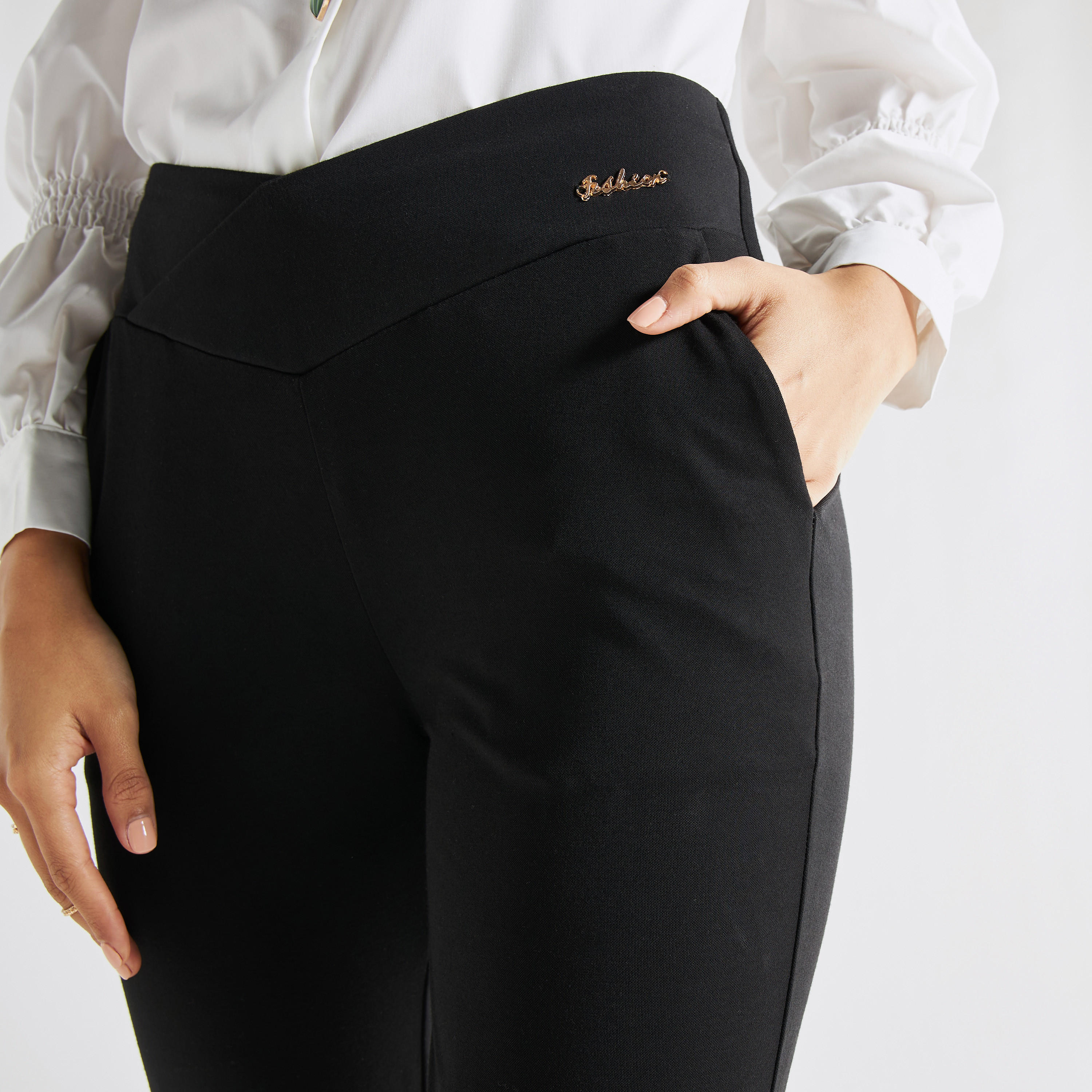 بنطلون بونتي بقصة عادية مع خصر مطاطي وجيوب-women-clothing-bottoms-trousers-image-4