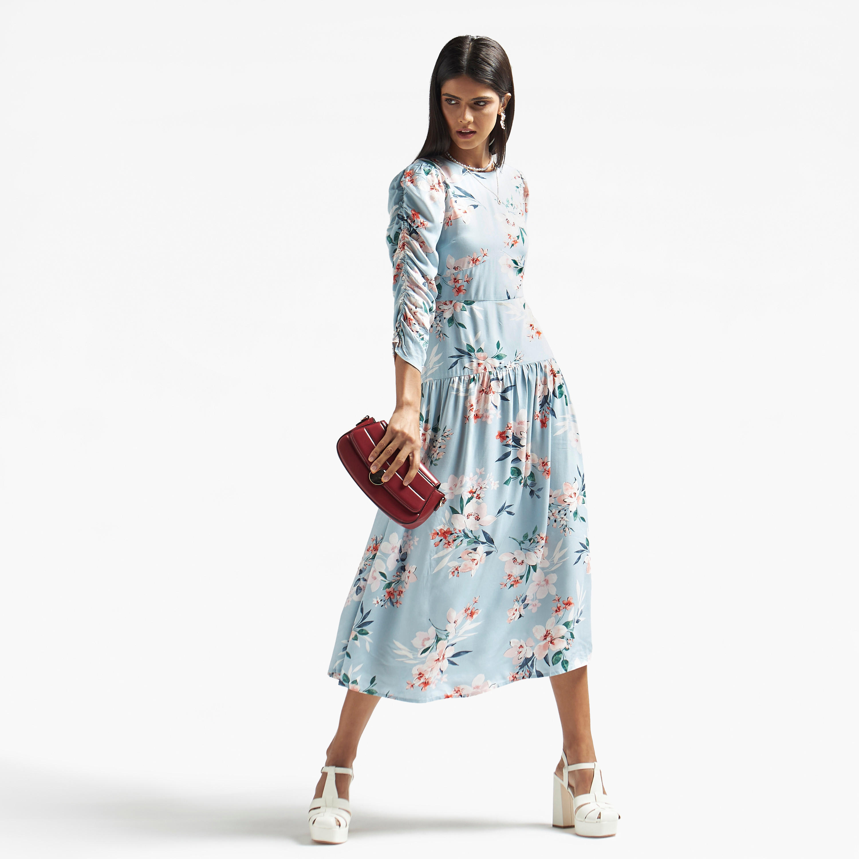 فستان بطبعات زهور وكشكش-women-clothing-dresses-image-1
