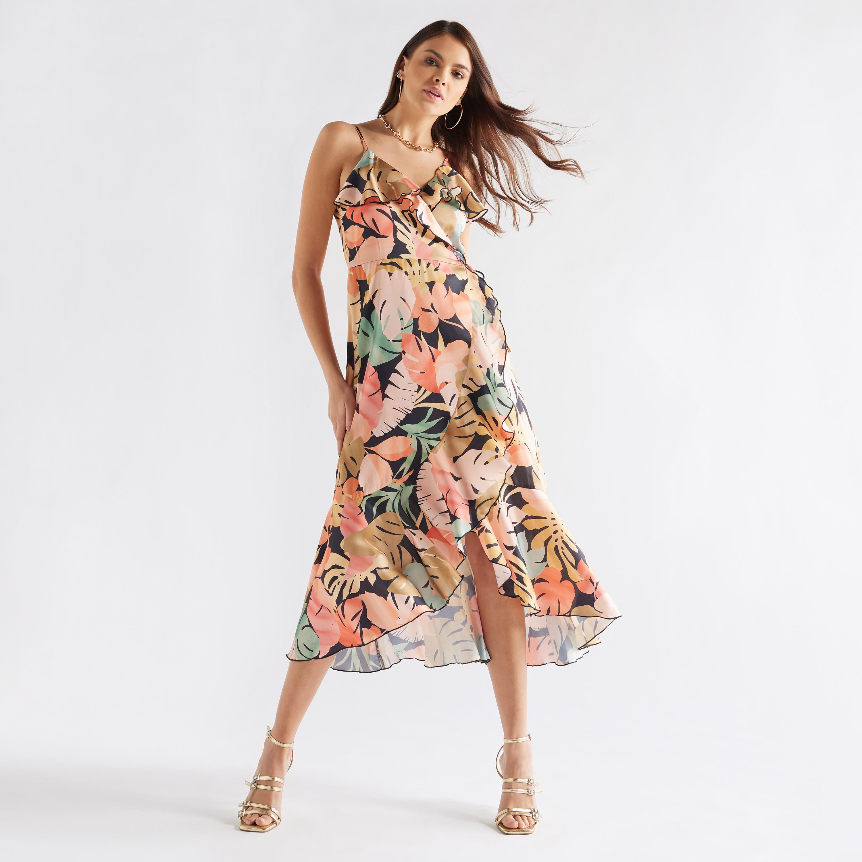 Ruffled Wrap Dress with Asymmetrical Hem and Adjustable Spaghetti Straps-women-clothing-dresses-image-1
