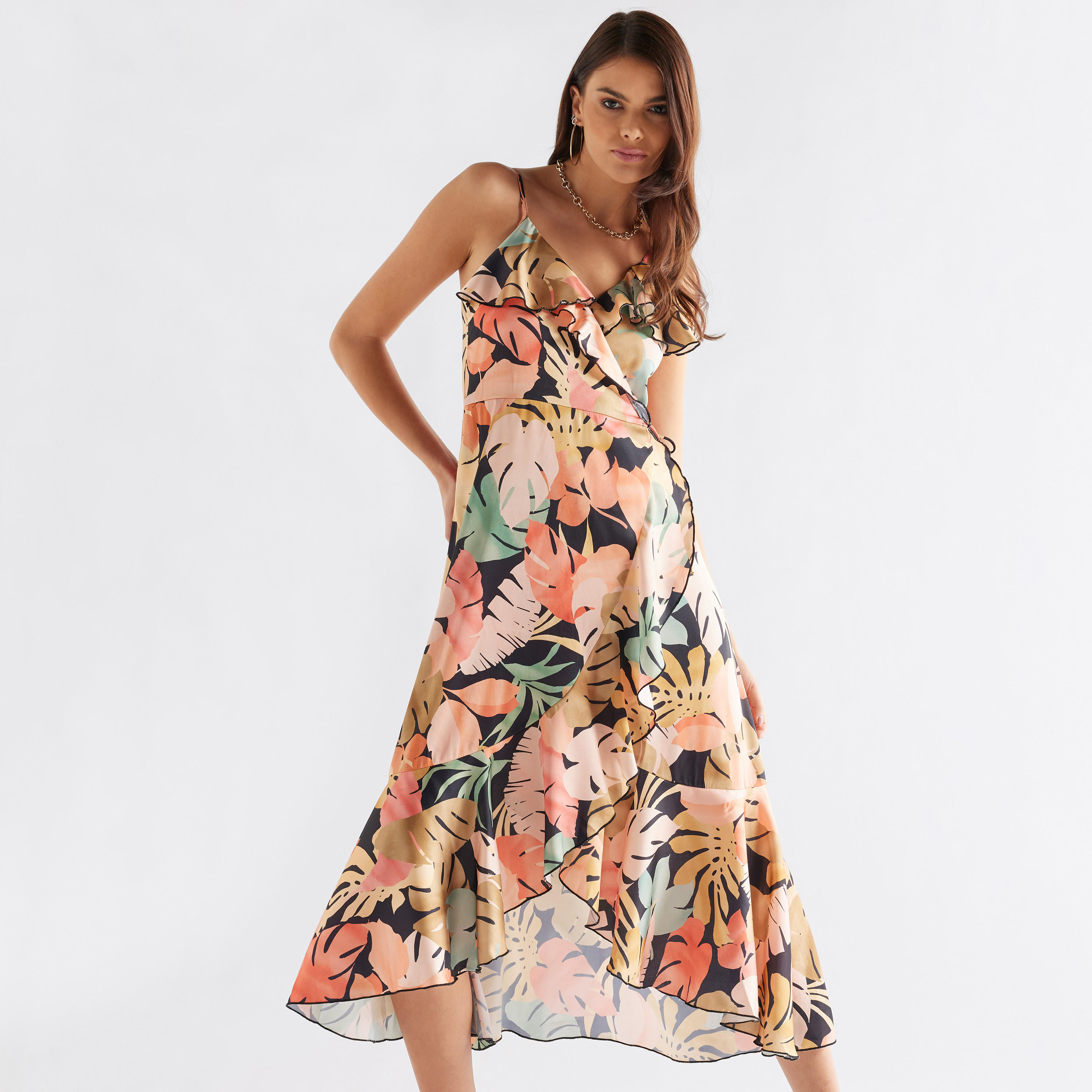 Ruffled Wrap Dress with Asymmetrical Hem and Adjustable Spaghetti Straps-women-clothing-dresses-image-2
