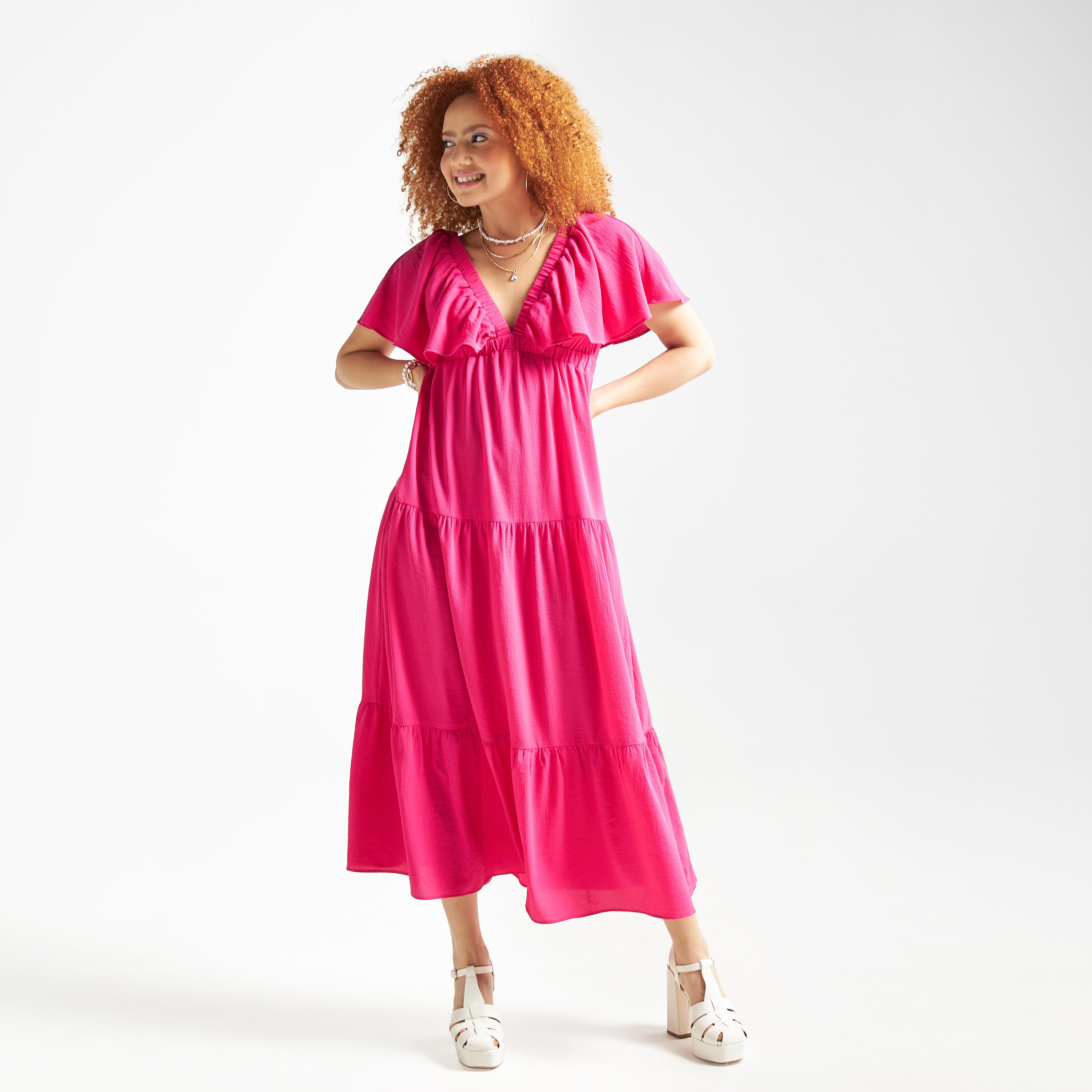 فستان طويل سادة متعدد الطبقات بياقة V وأكمام واسعة-women-clothing-dresses-image-1