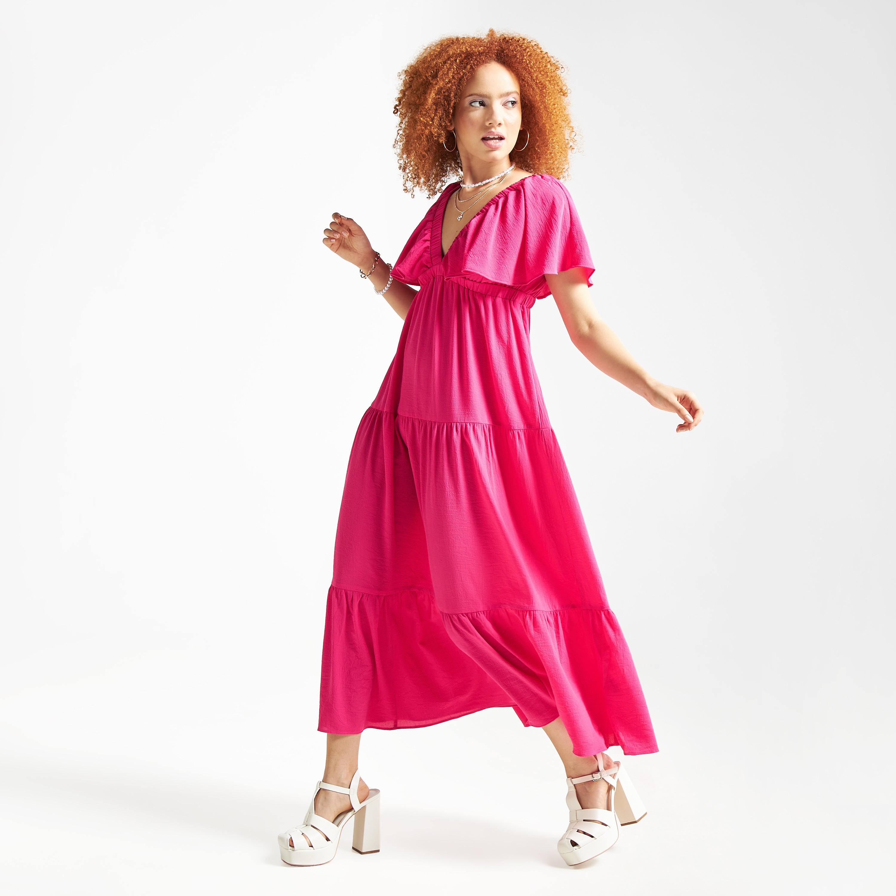 فستان طويل سادة متعدد الطبقات بياقة V وأكمام واسعة-women-clothing-dresses-image-2