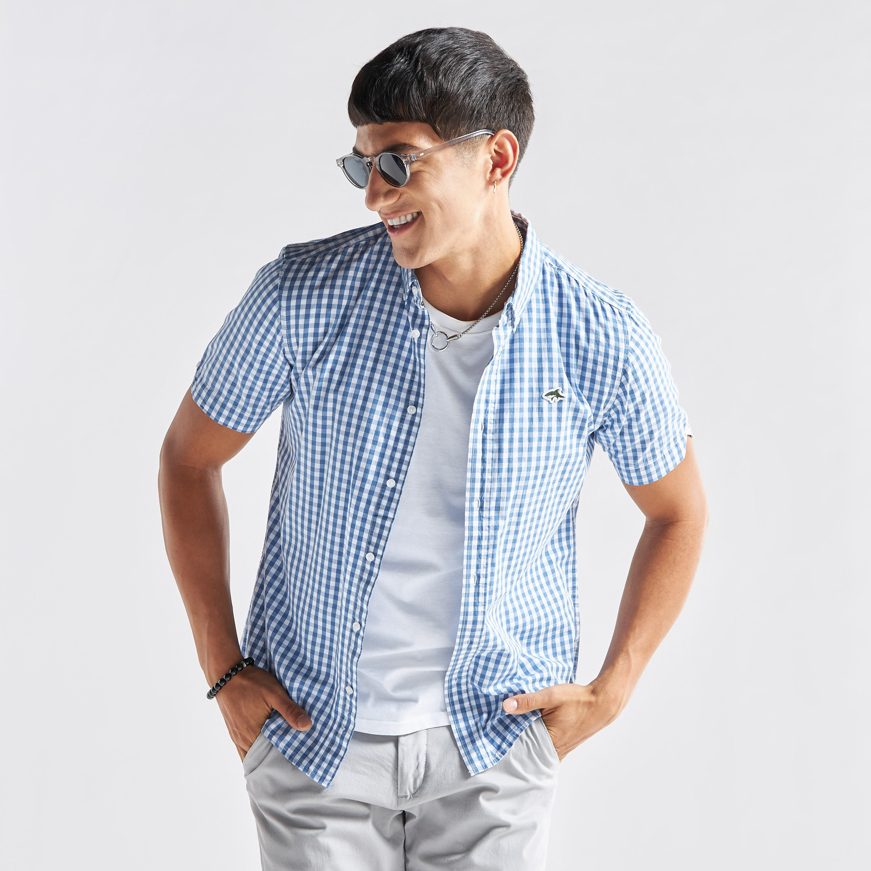 قميص كاروهات بأكمام قصيرة من لي شارك -men-clothing-shirts-image-1