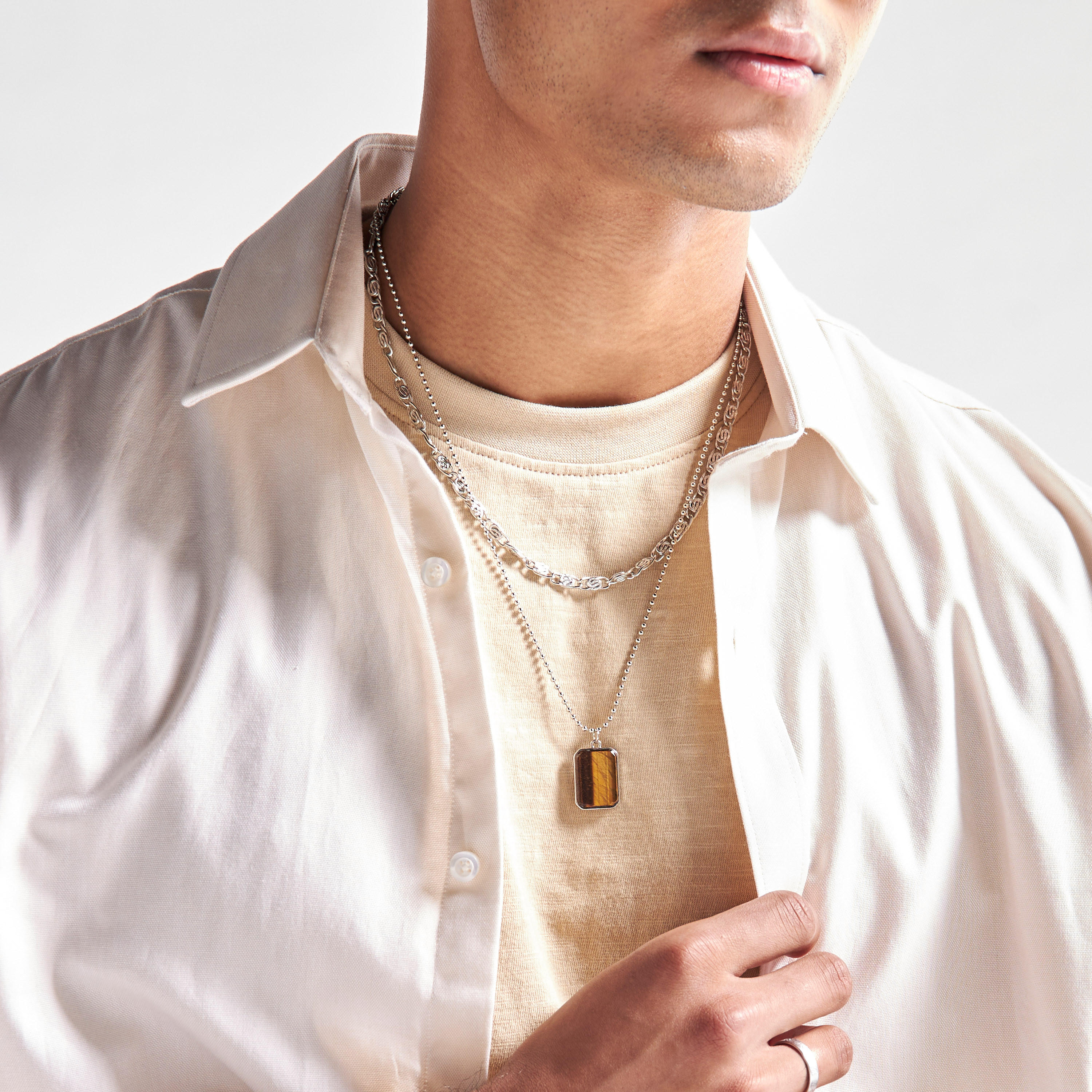 عقد معدن بطبقة مزدوجة ودلاية ومشبك إغلاق لوبستر-men-watchesandjewellery-necklacesandpendants-image-2