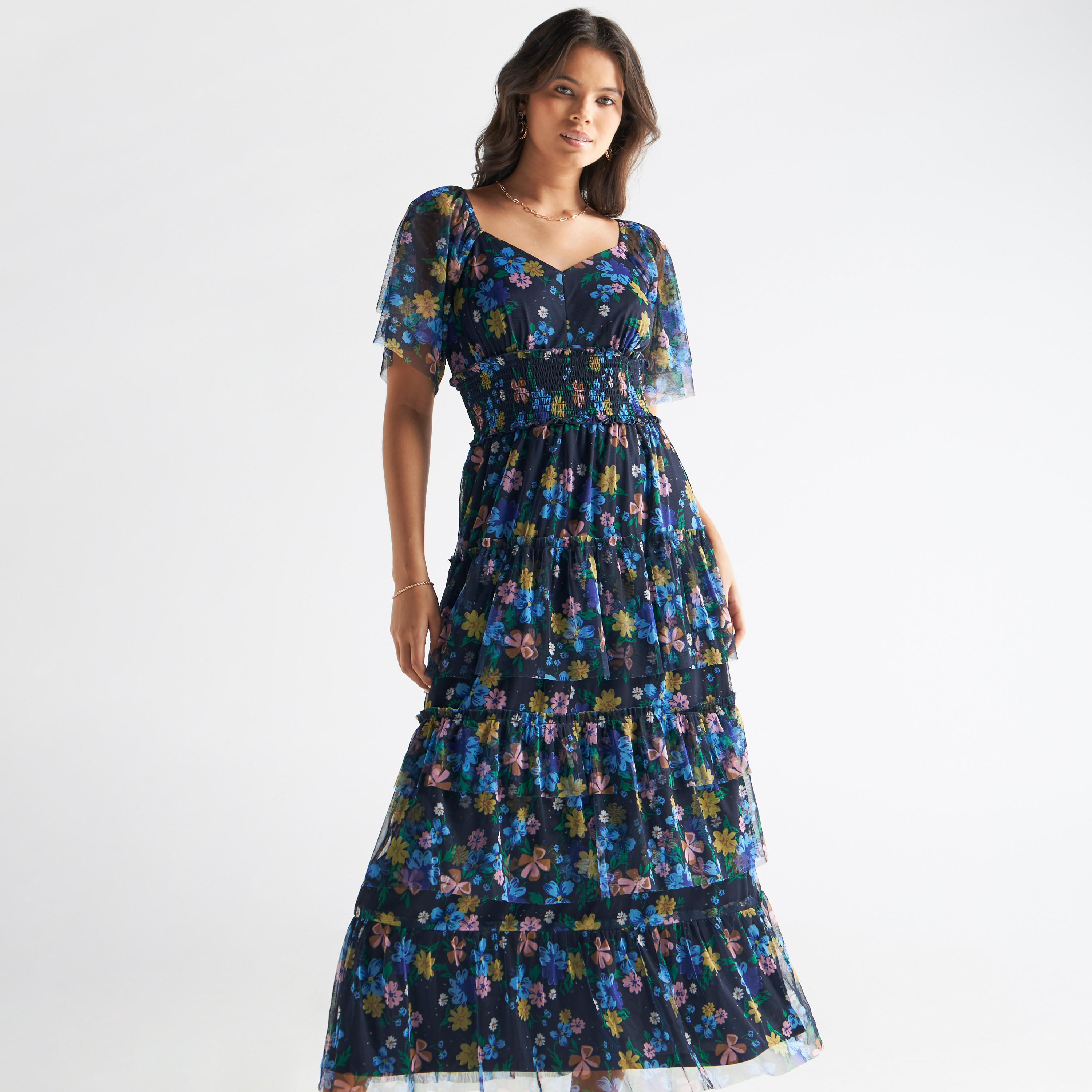 All-Over Floral Print Diamond Neck Maxi Dress with Flutter Sleeves-women-clothing-dresses-image-1