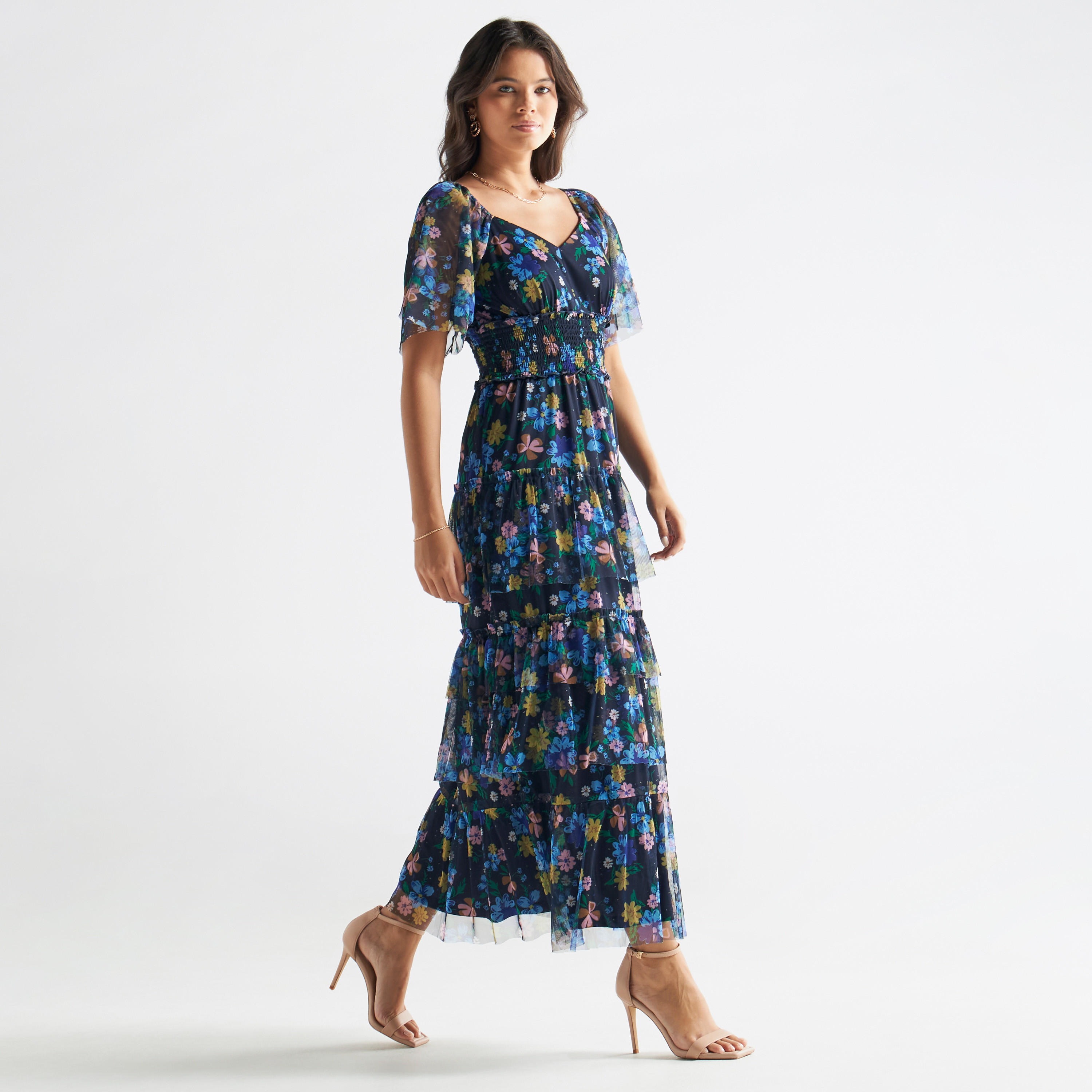 All-Over Floral Print Diamond Neck Maxi Dress with Flutter Sleeves-women-clothing-dresses-image-2