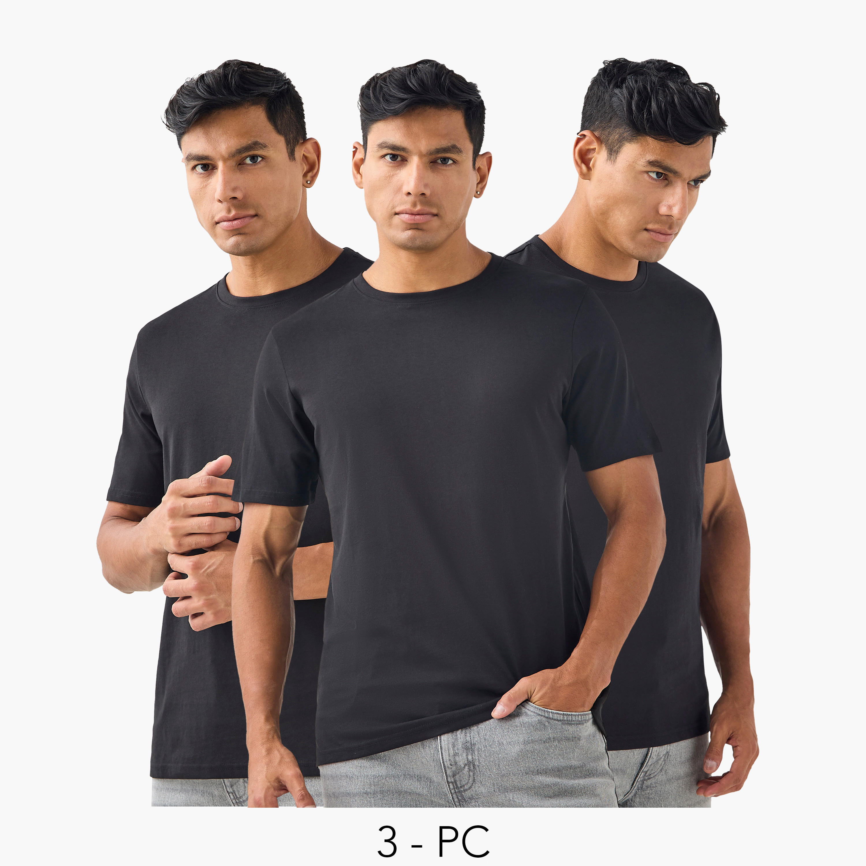 تيشيرت سادة بياقة ضيّقة وأكمام قصيرة - طقم من 3 قطع-men-clothing-tshirtsandpolos-tshirts-image-8
