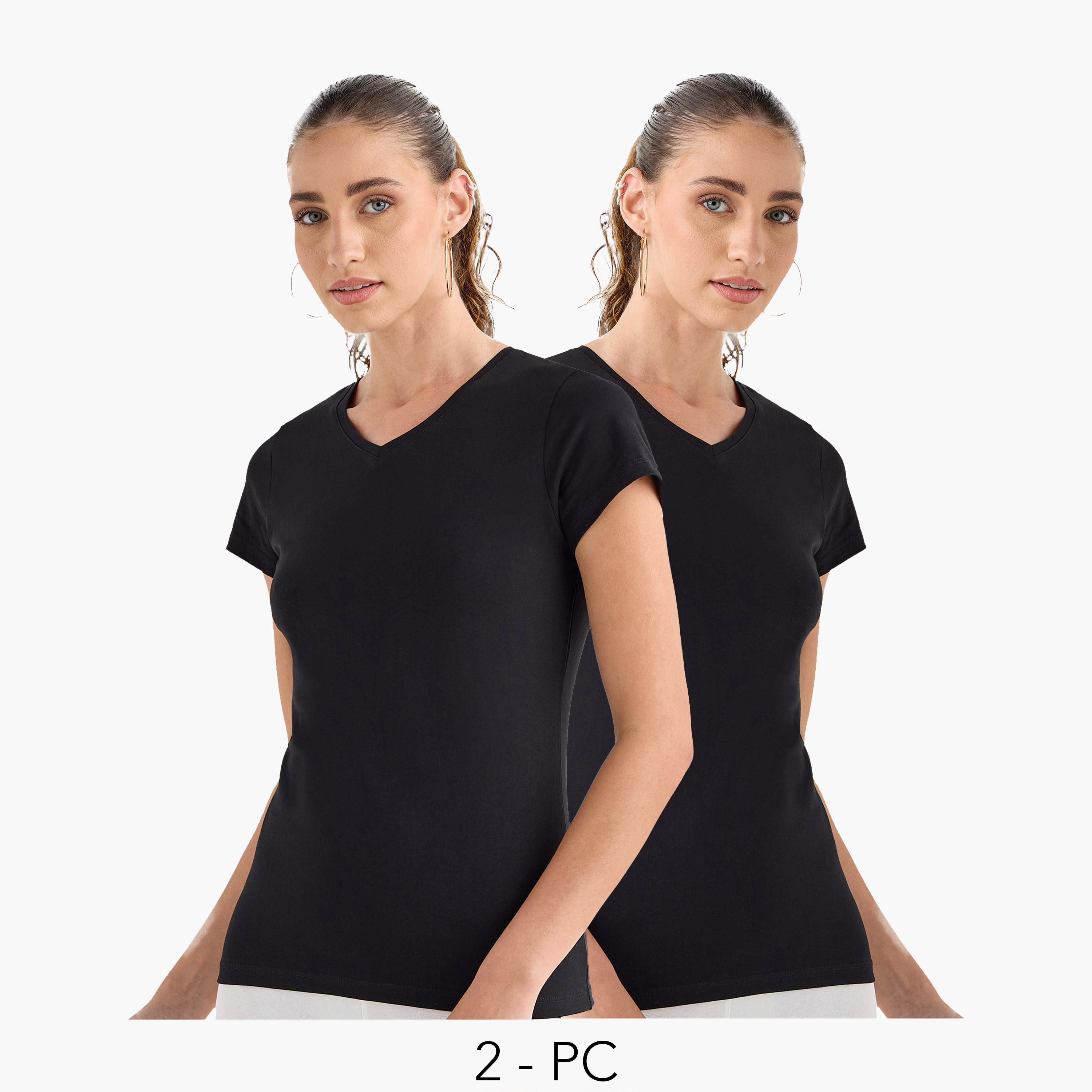 تيشيرت سادة بياقة V وأكمام كاب - عبوة من قطعتين-women-clothing-tshirts-image-7