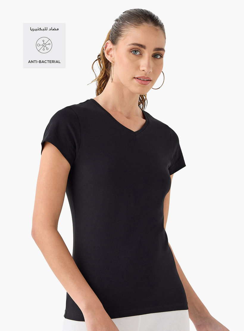 Set of 2 - Splash Basics Solid V-Neck T-shirt with Cap Sleeves and Antibacterial Protection-women-clothing-tshirts-image-2