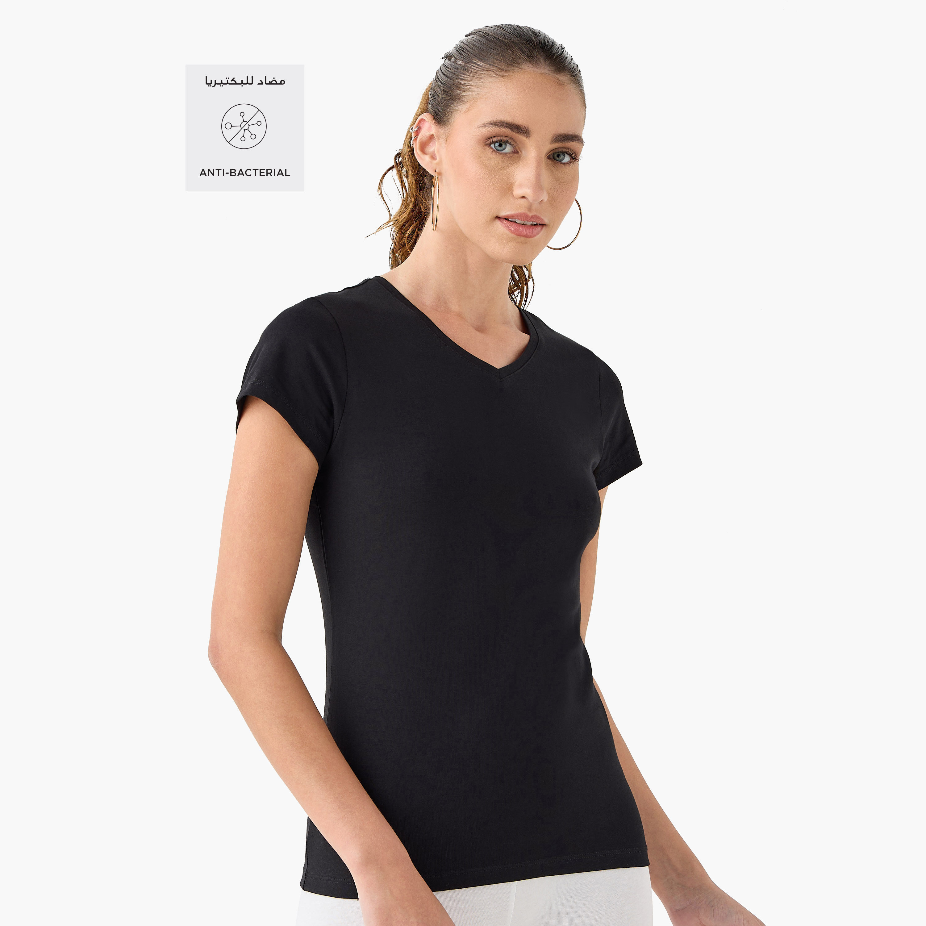 Set of 2 - Splash Basics Solid V-Neck T-shirt with Cap Sleeves and Antibacterial Protection-women-clothing-tshirts-image-2