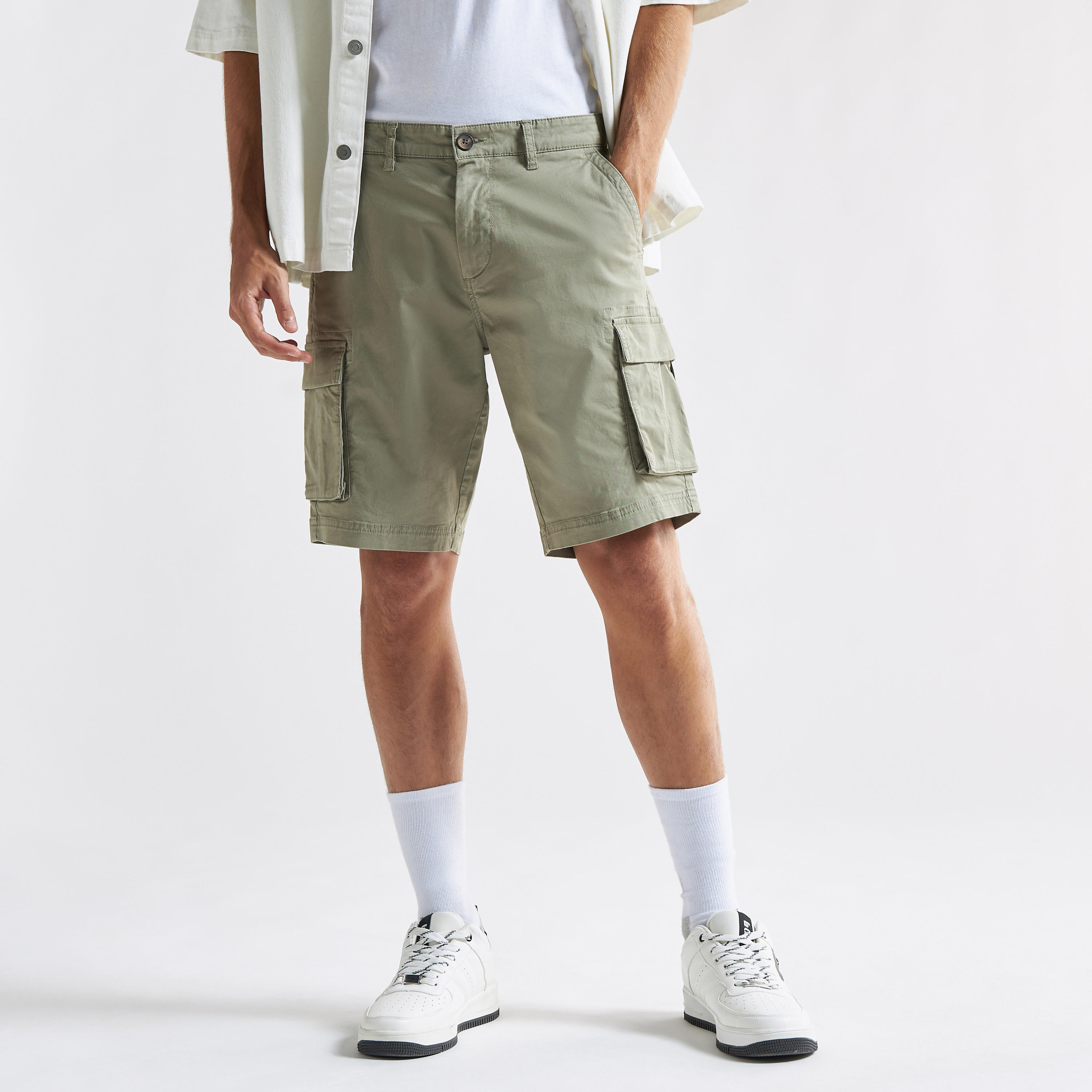 Solid Cargo Shorts with Pockets and Button Closure-men-clothing-bottoms-shorts-image-1