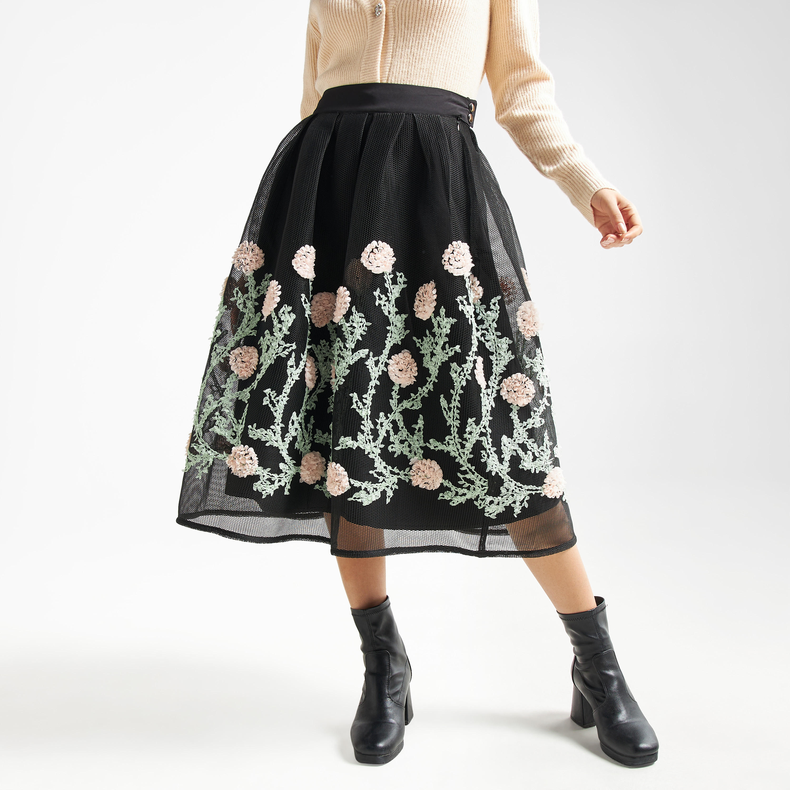 تنورة بوكسي ميدي بكُسرات وزر إغلاق وتصميم أزهار-women-clothing-bottoms-skirts-image-4