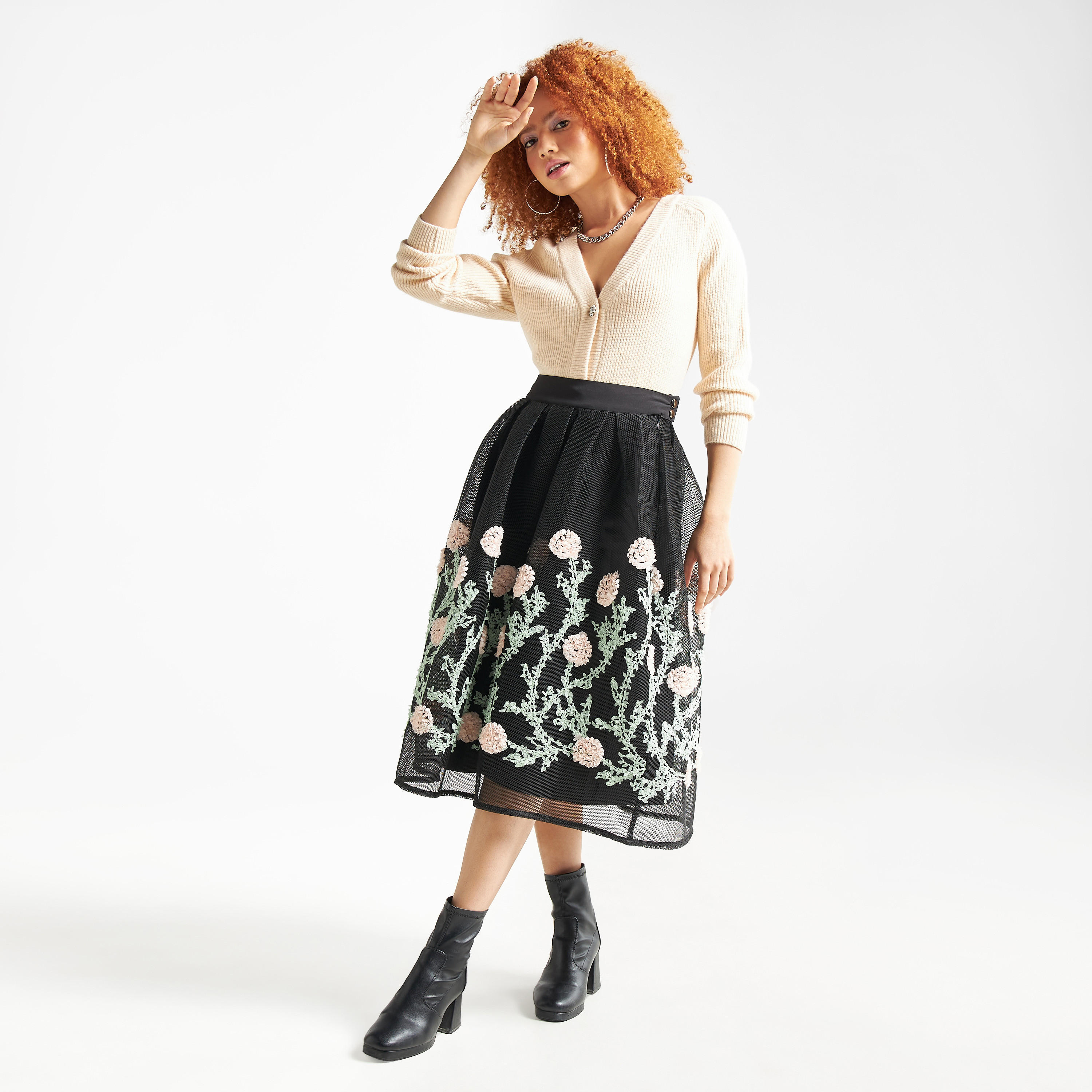 تنورة بوكسي ميدي بكُسرات وزر إغلاق وتصميم أزهار-women-clothing-bottoms-skirts-image-3