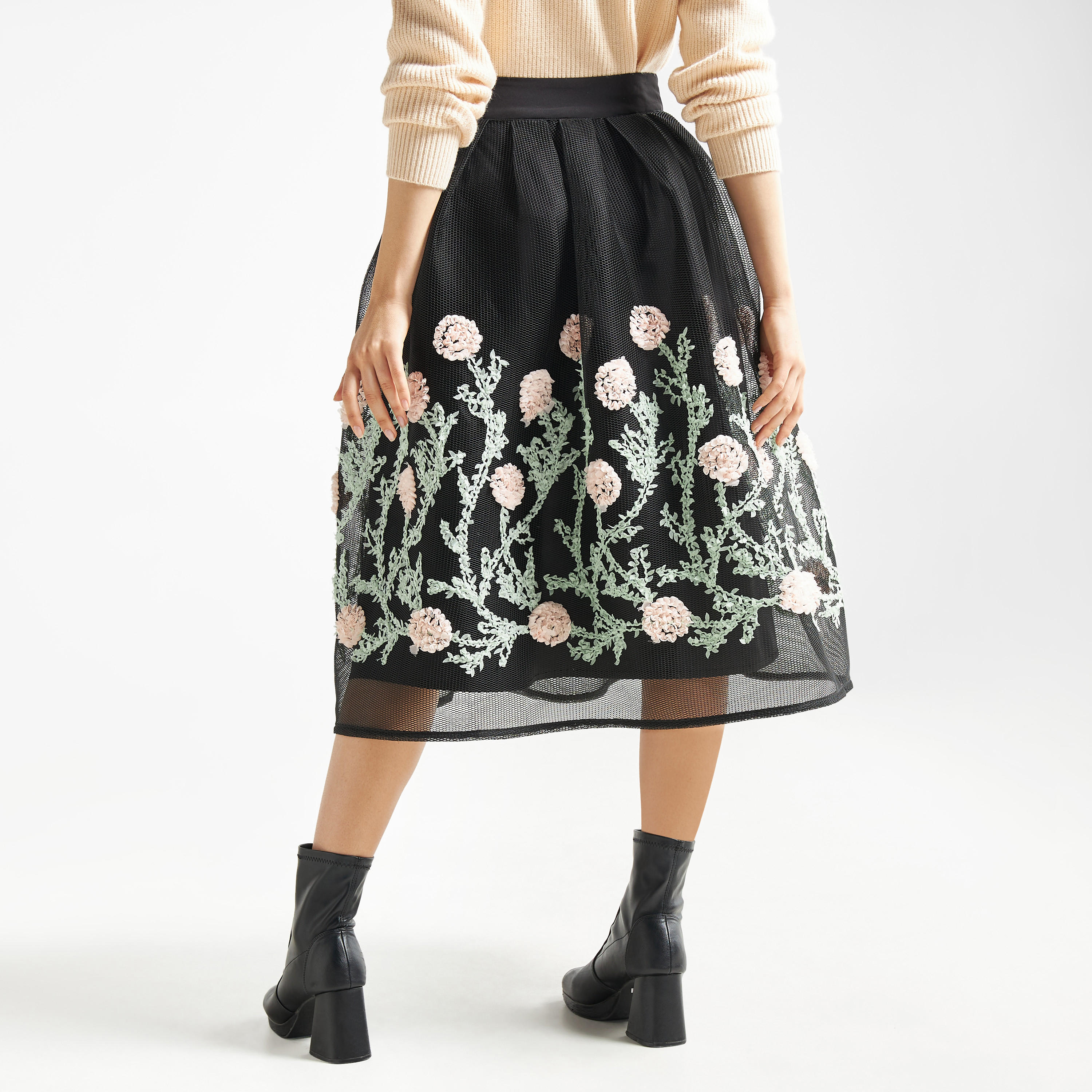 تنورة بوكسي ميدي بكُسرات وزر إغلاق وتصميم أزهار-women-clothing-bottoms-skirts-image-2