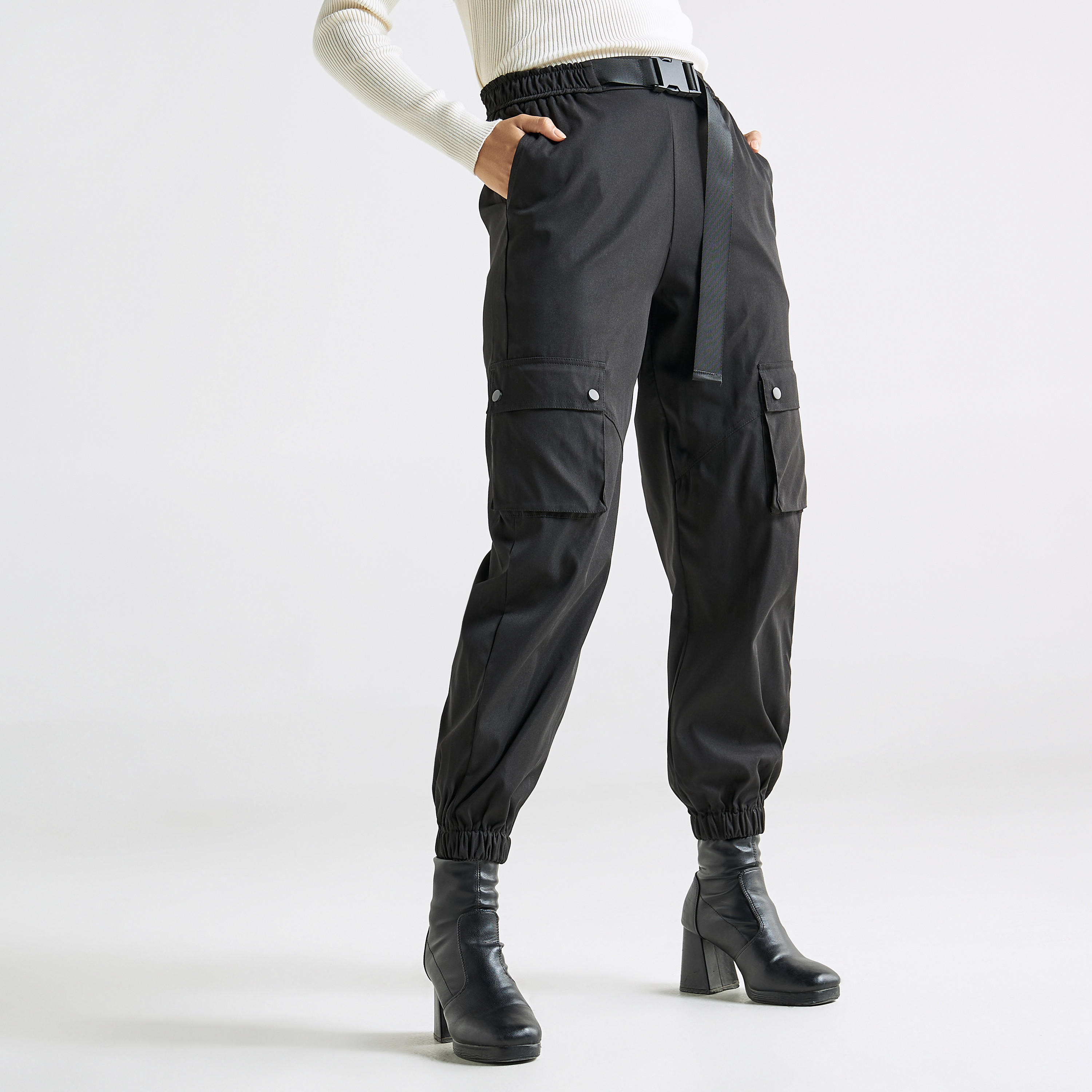 Plain Cargo Pants with Buckle Closure-women-clothing-bottoms-trousers-image-1