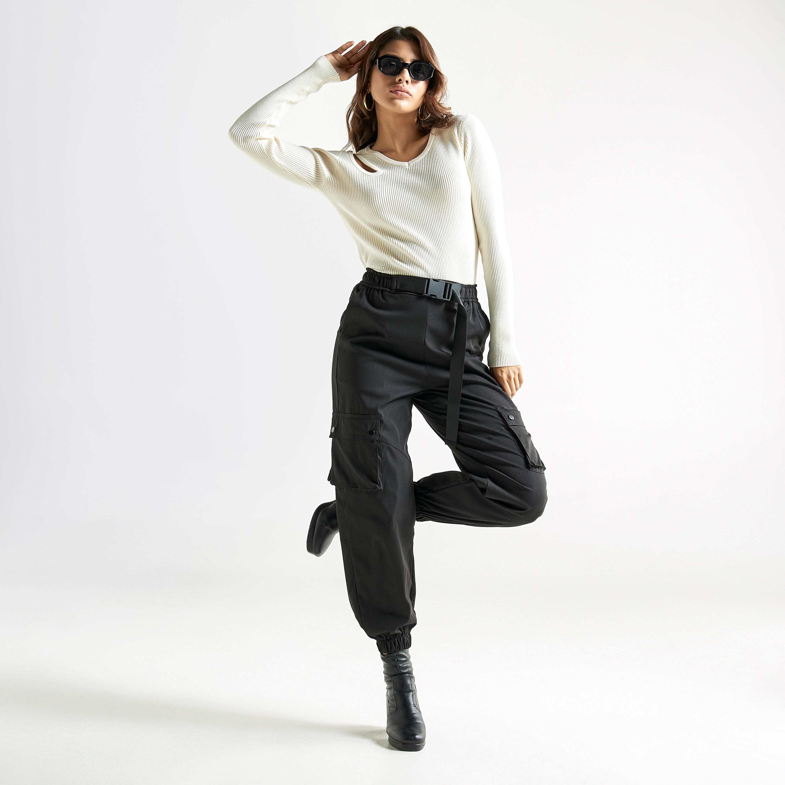 Plain Cargo Pants with Buckle Closure-women-clothing-bottoms-trousers-image-2