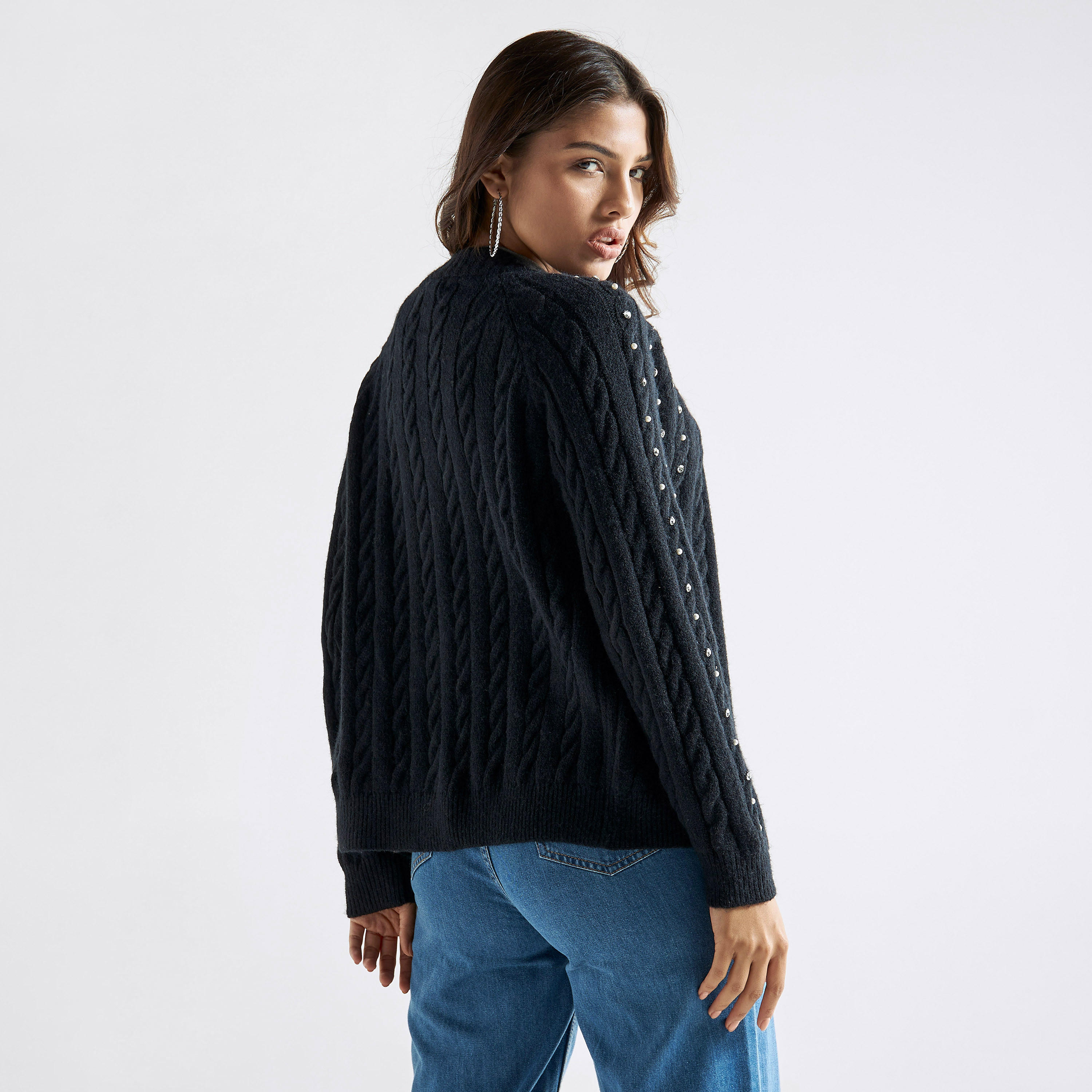 كارديجان بياقة v بارز الملمس وأكمام طويلة-women-winterwear-cardigansandjumpers-cardigans-image-3