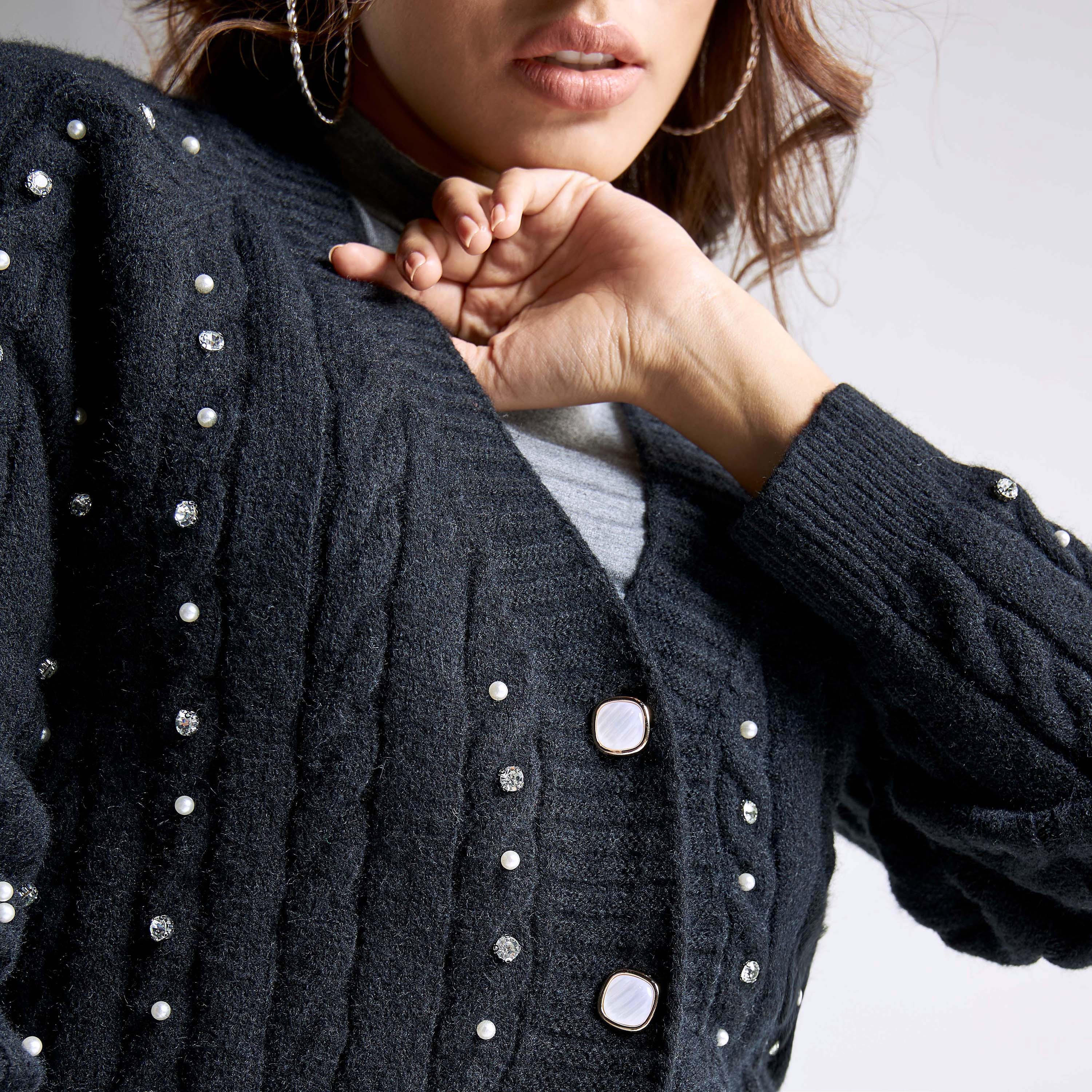كارديجان بياقة v بارز الملمس وأكمام طويلة-women-winterwear-cardigansandjumpers-cardigans-image-4
