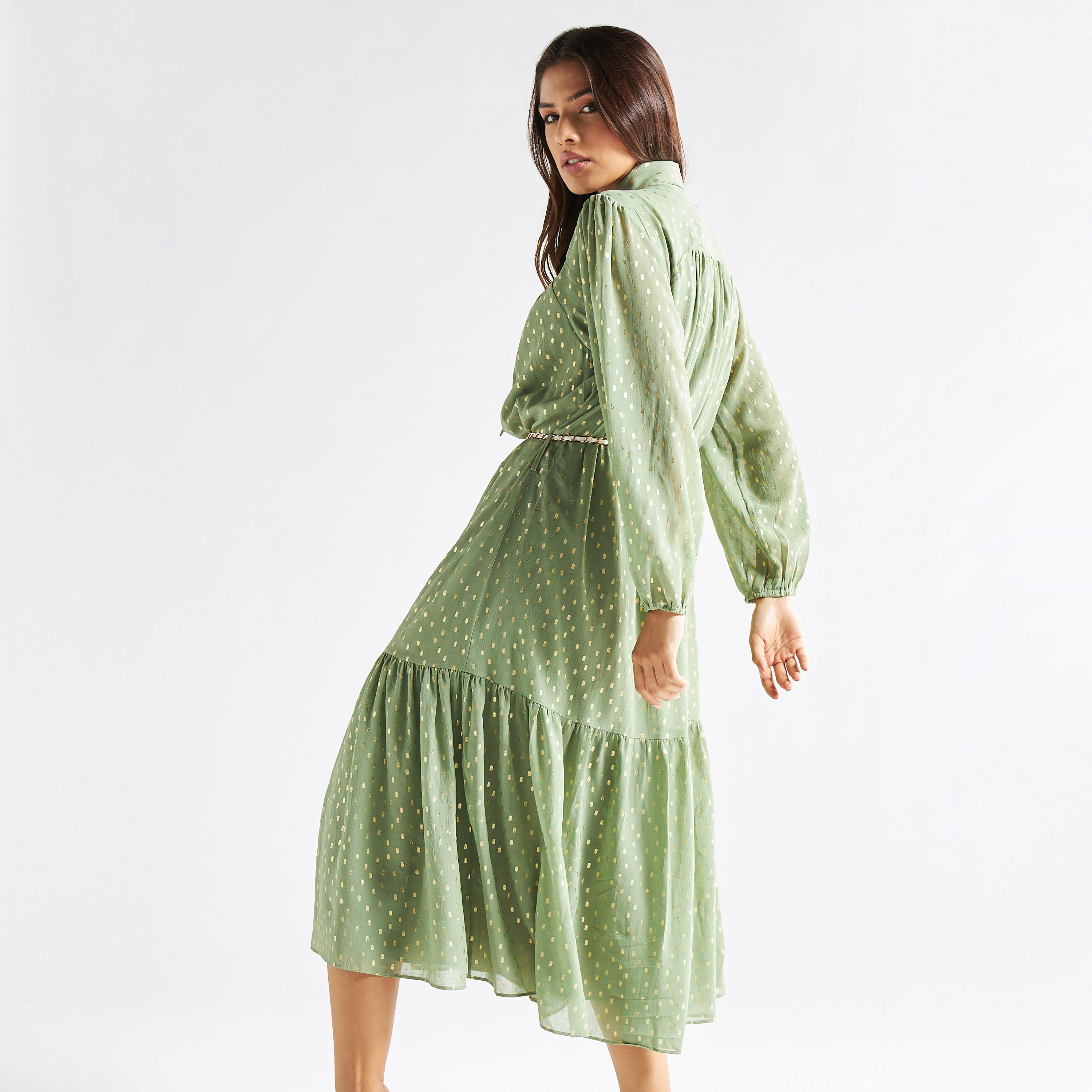 فستان بارز الملمس بأكمام طويلة وياقة فيونكة-women-clothing-dresses-image-3