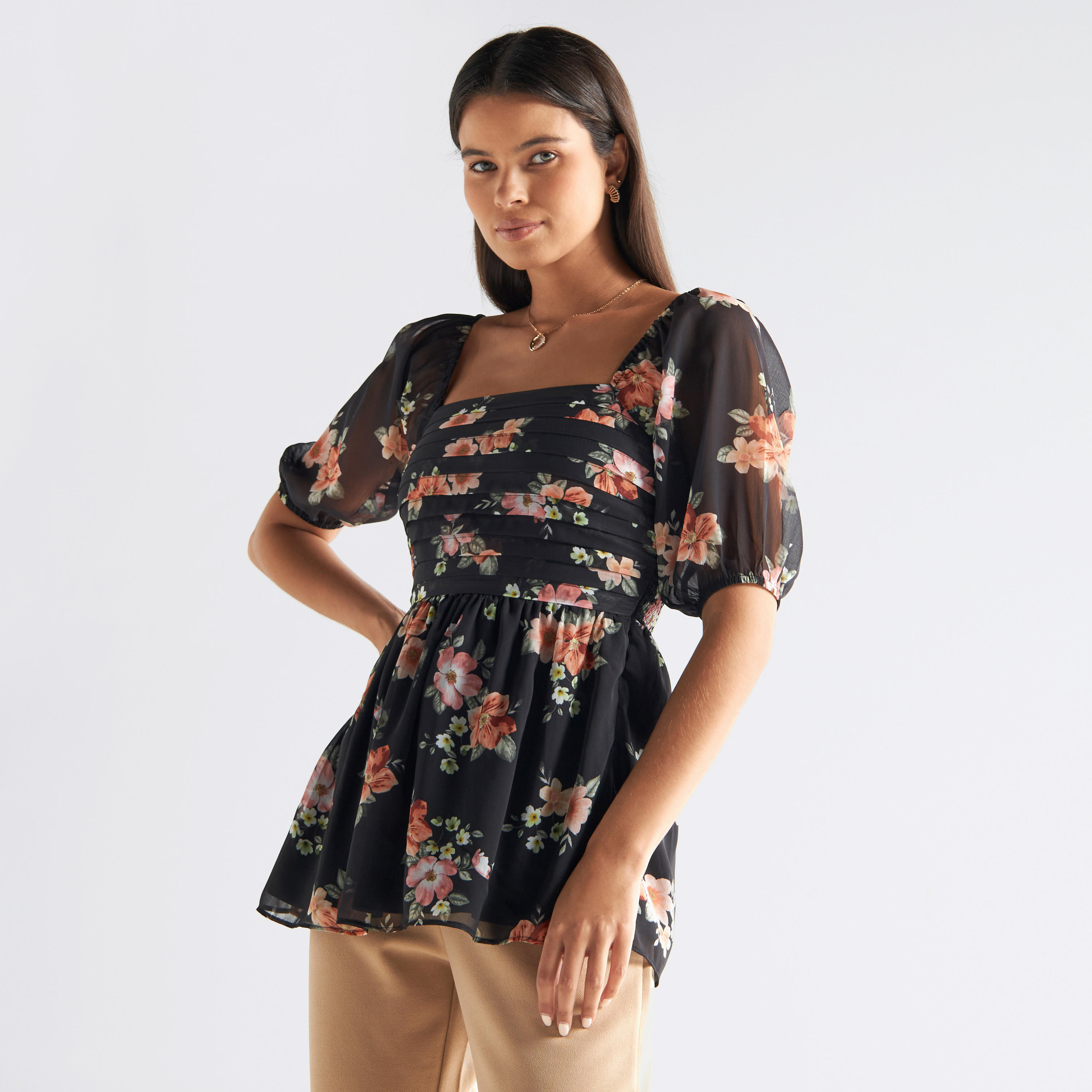 Floral Print Top with Puff Sleeves-women-clothing-shirtsandblouses-blouses-image-1