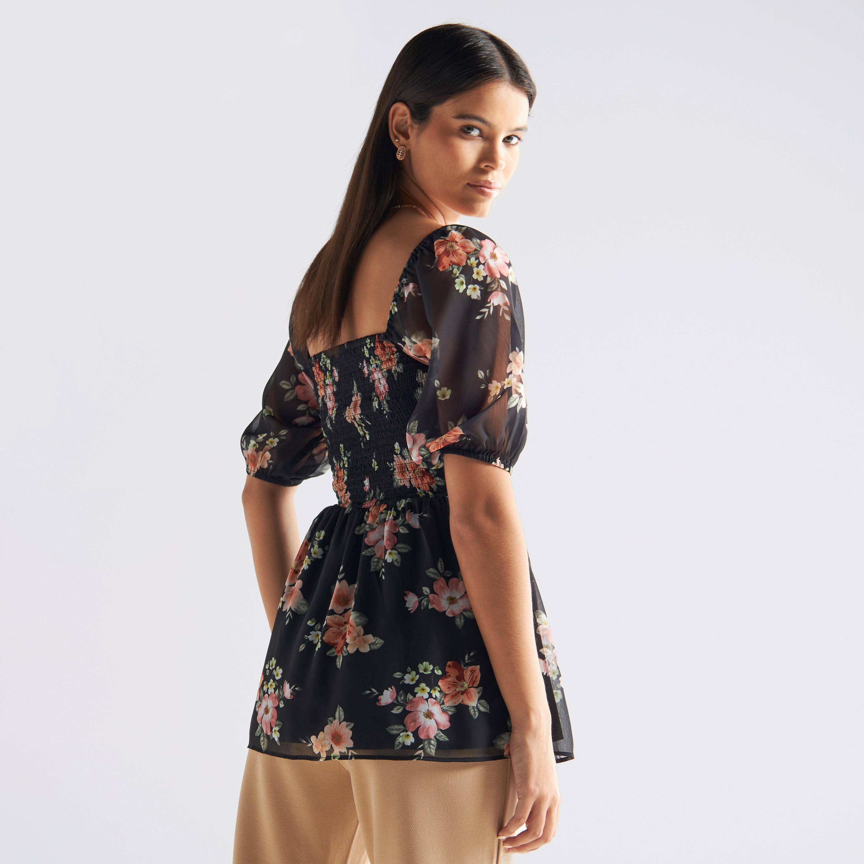 Floral Print Top with Puff Sleeves-women-clothing-shirtsandblouses-blouses-image-3