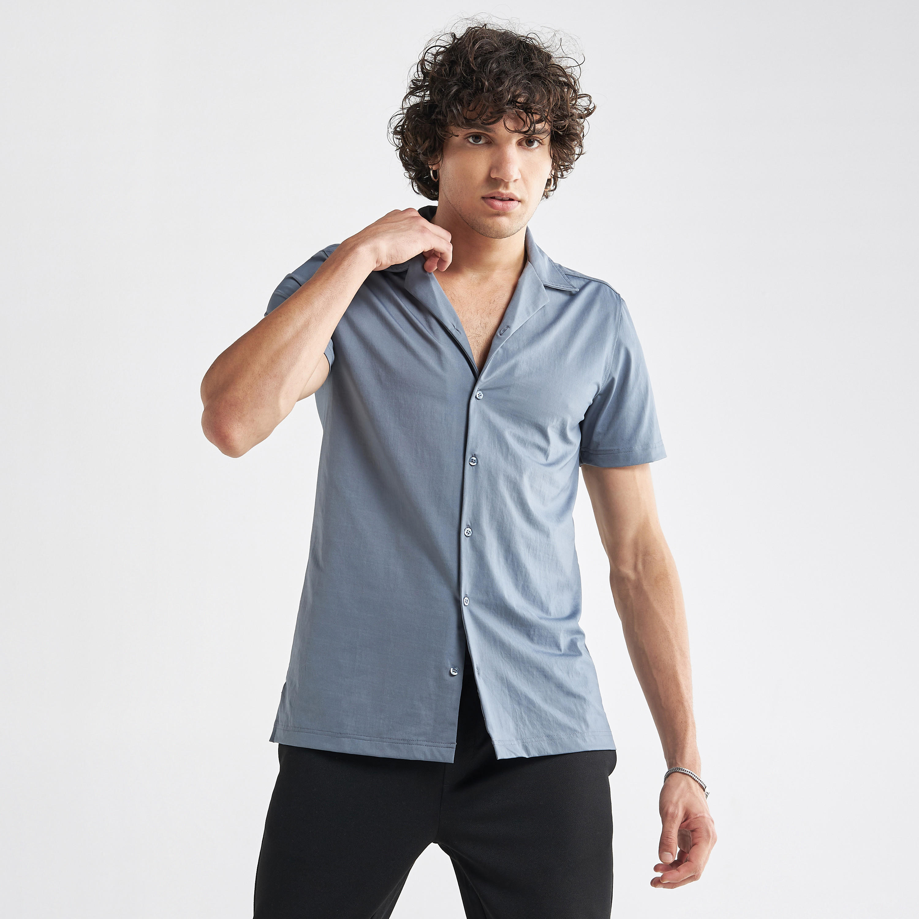 Solid Camp Collar Shirt with Short Sleeves-men-clothing-shirts-image-1