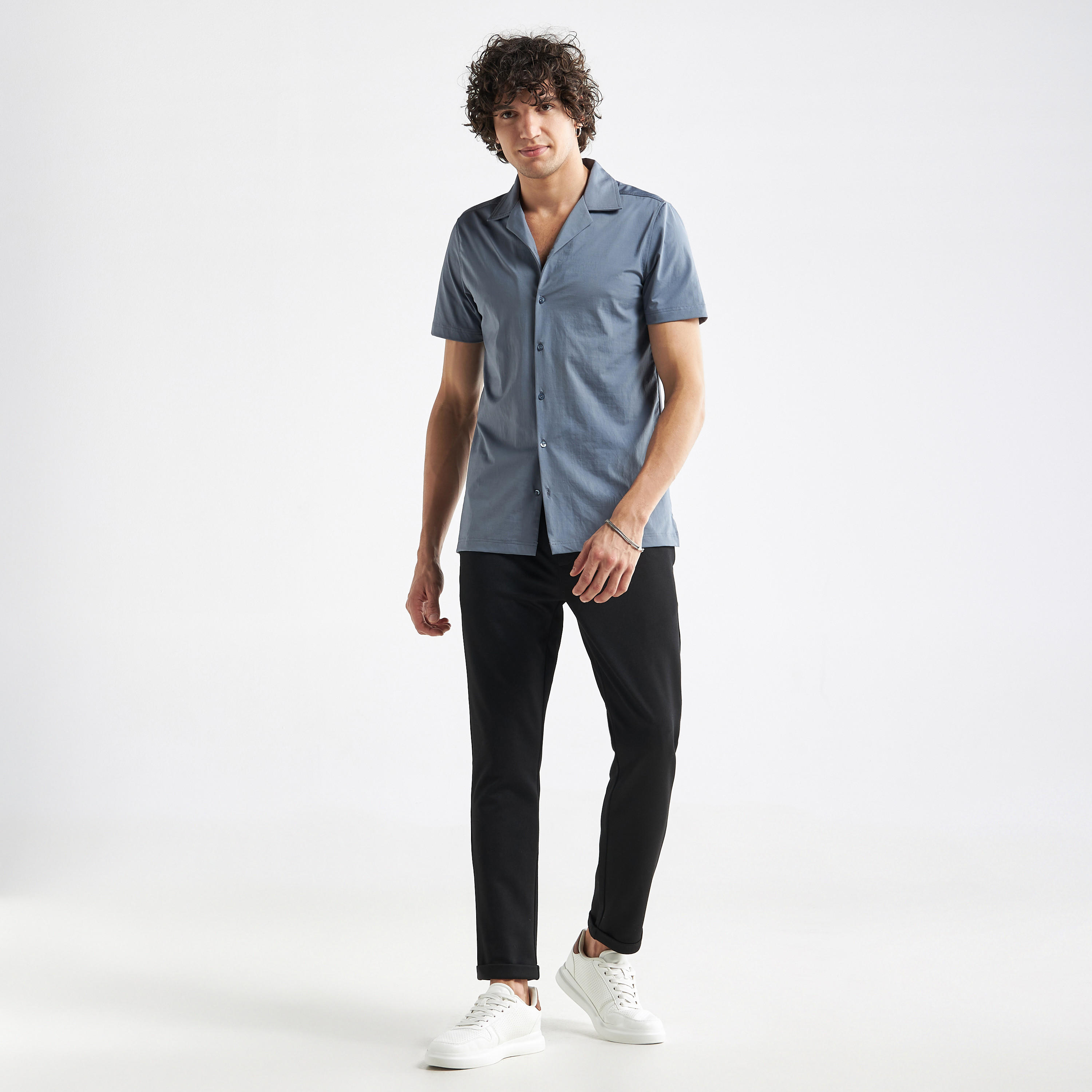 Solid Camp Collar Shirt with Short Sleeves-men-clothing-shirts-image-2