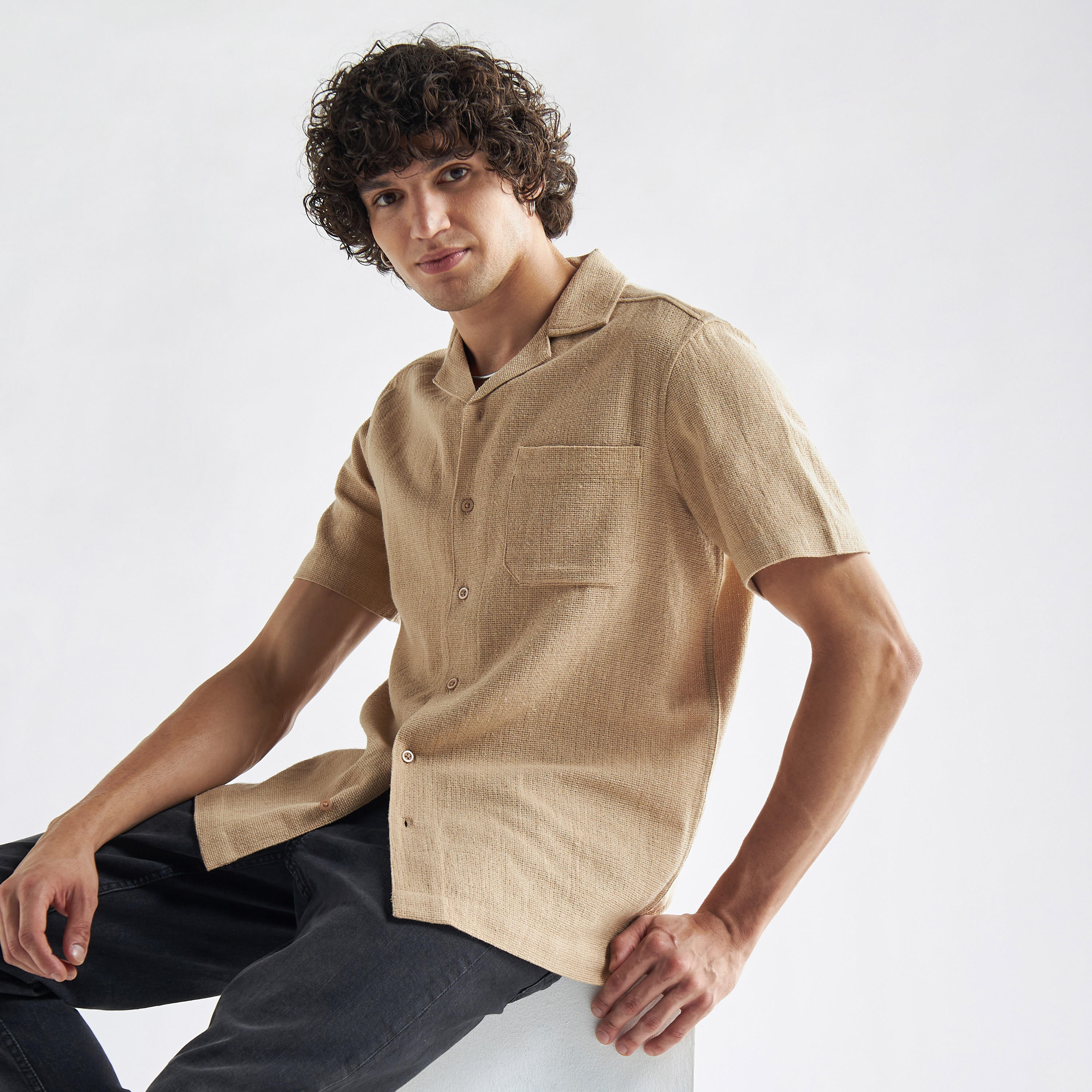 Solid Shirt with Camp Collar and Pocket-men-clothing-shirts-image-1