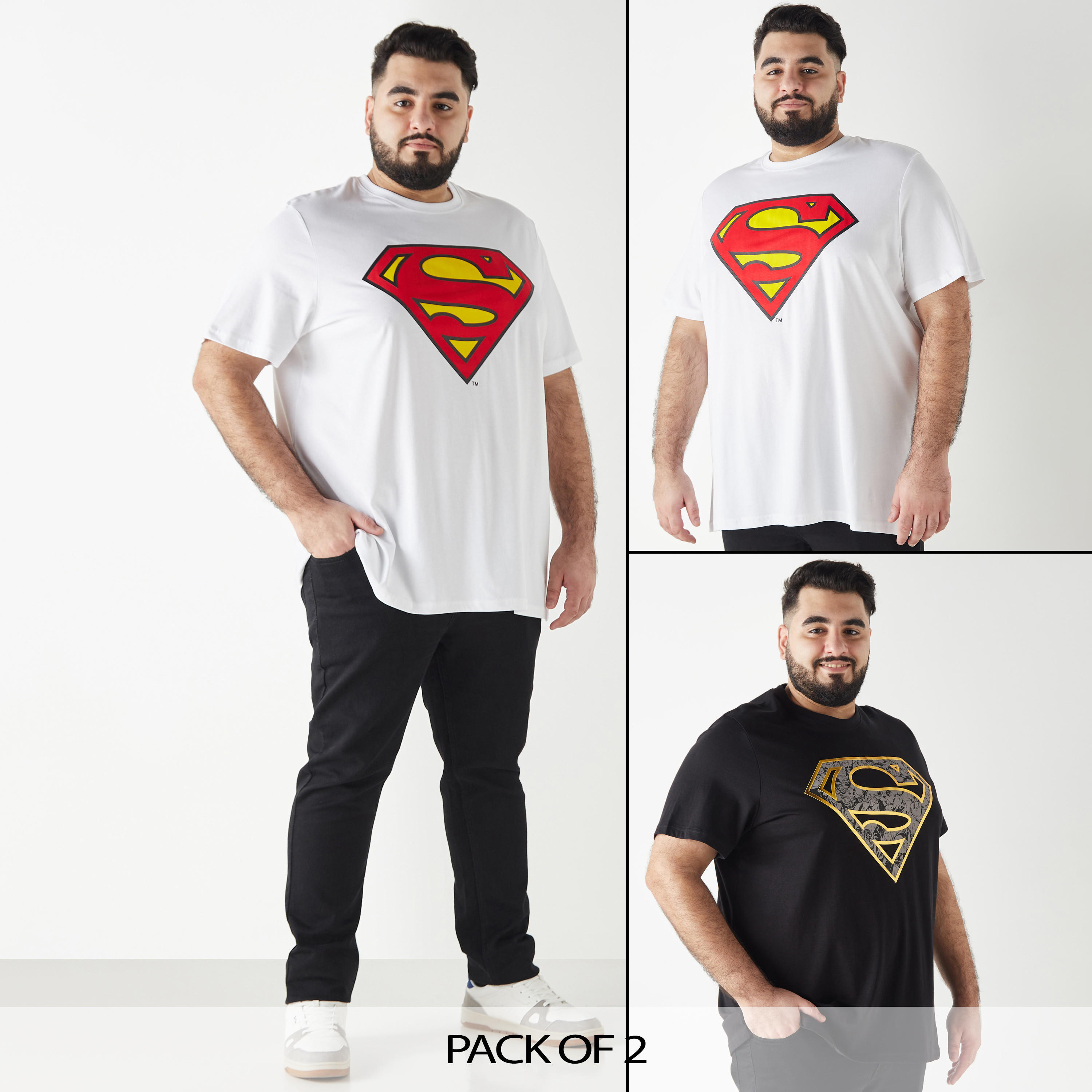 طقم من قطعتين - تيشيرت مقاس كبير بياقة ضيقة وأكمام قصيرة وطبعات سوبر مان-men-clothing-tshirtsandpolos-tshirts-image-1