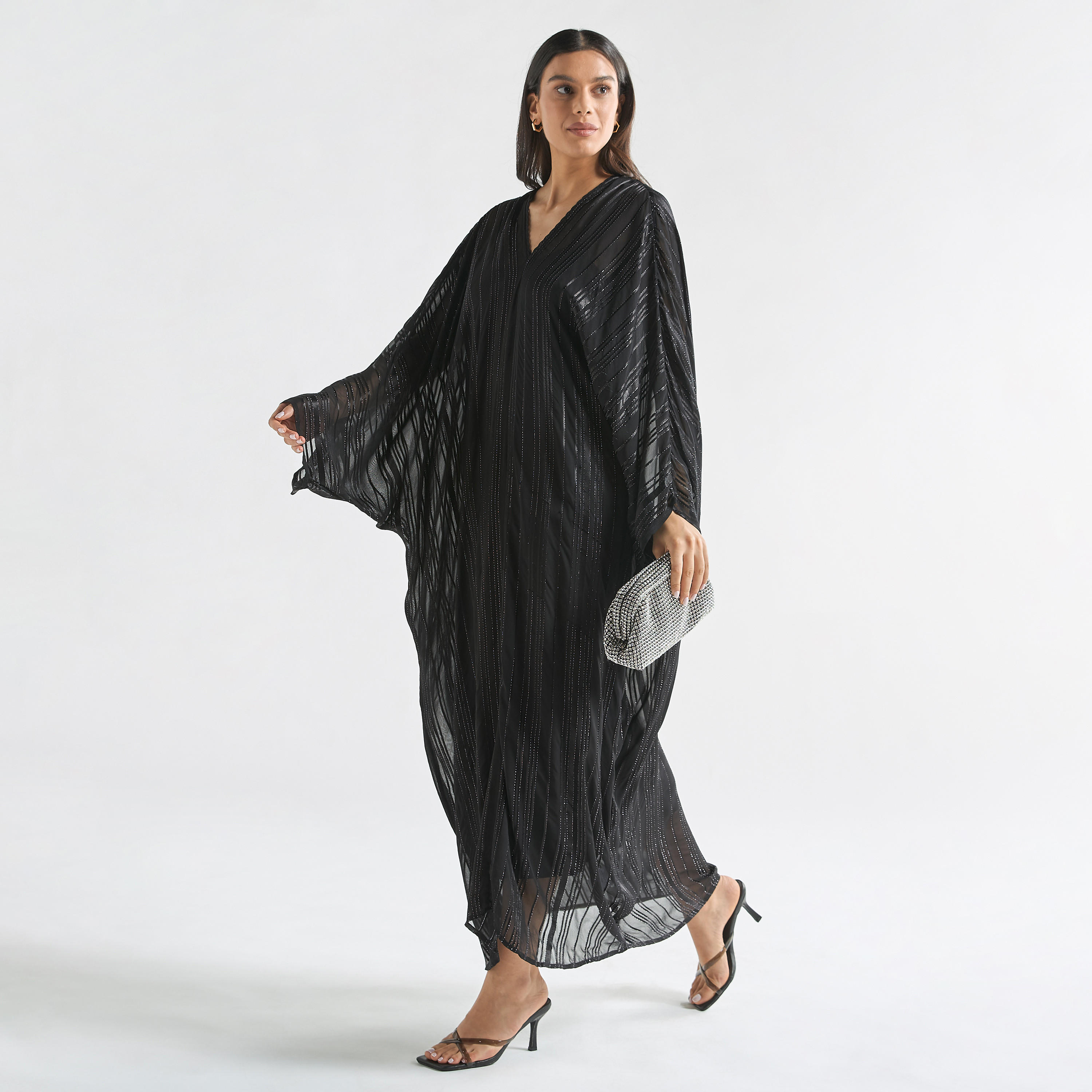 Textured Kaftan Dress with V-neck and Tie-Up Detail-women-clothing-dresses-image-1