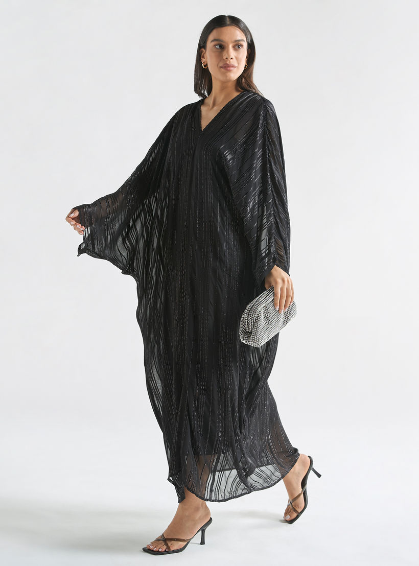 Textured Kaftan Dress with V-neck and Tie-Up Detail-women-clothing-dresses-image-1