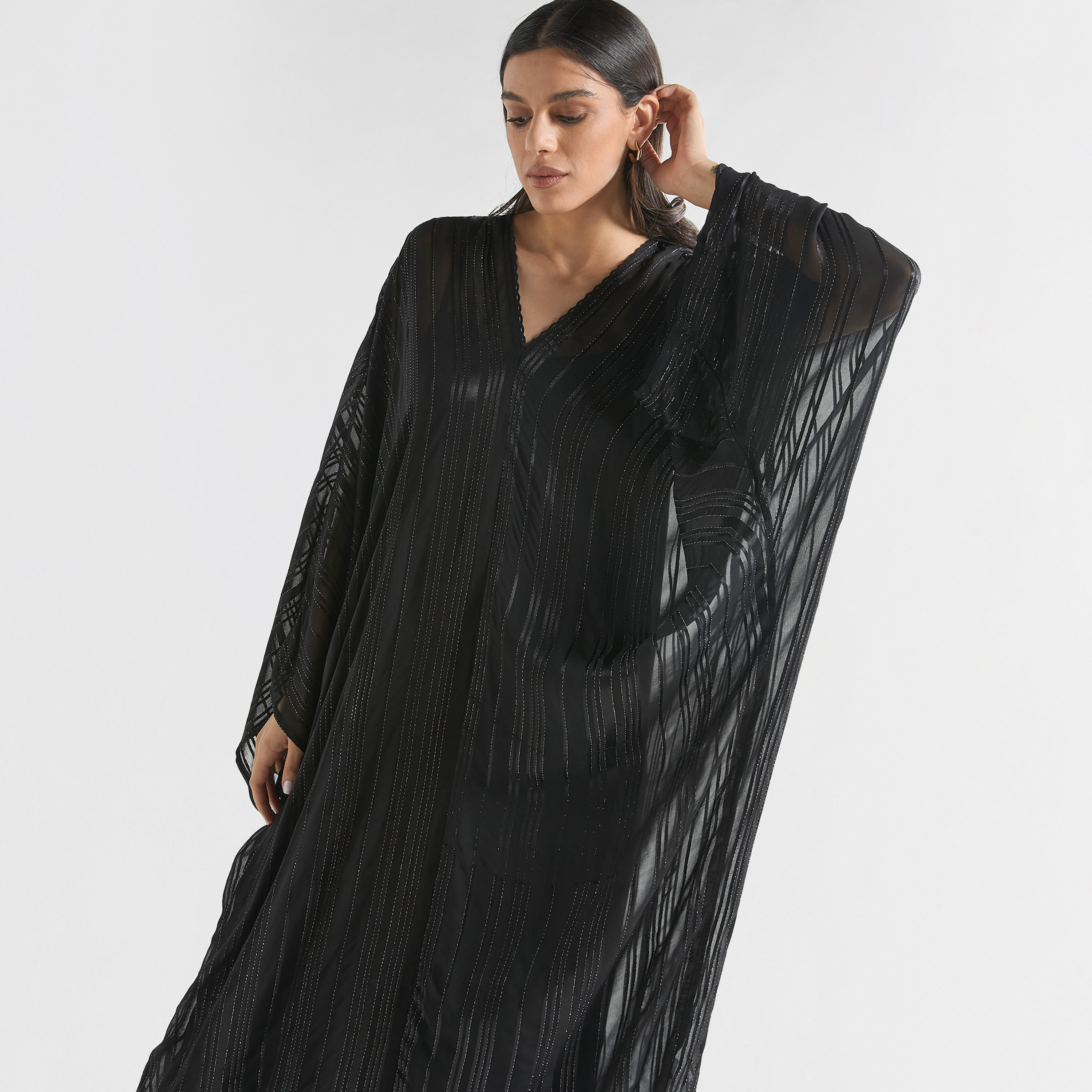 Textured Kaftan Dress with V-neck and Tie-Up Detail-women-clothing-dresses-image-2