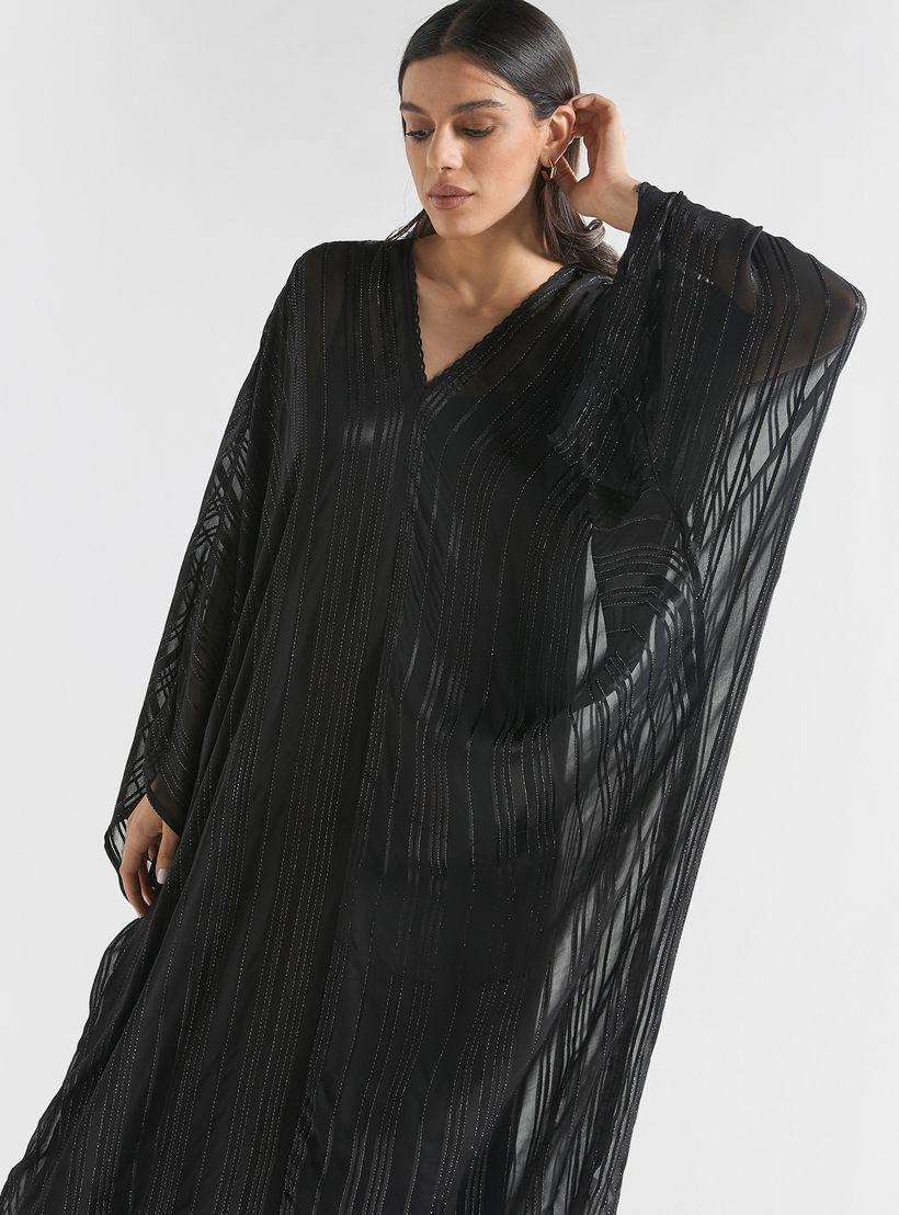 Textured Kaftan Dress with V-neck and Tie-Up Detail-women-clothing-dresses-image-2