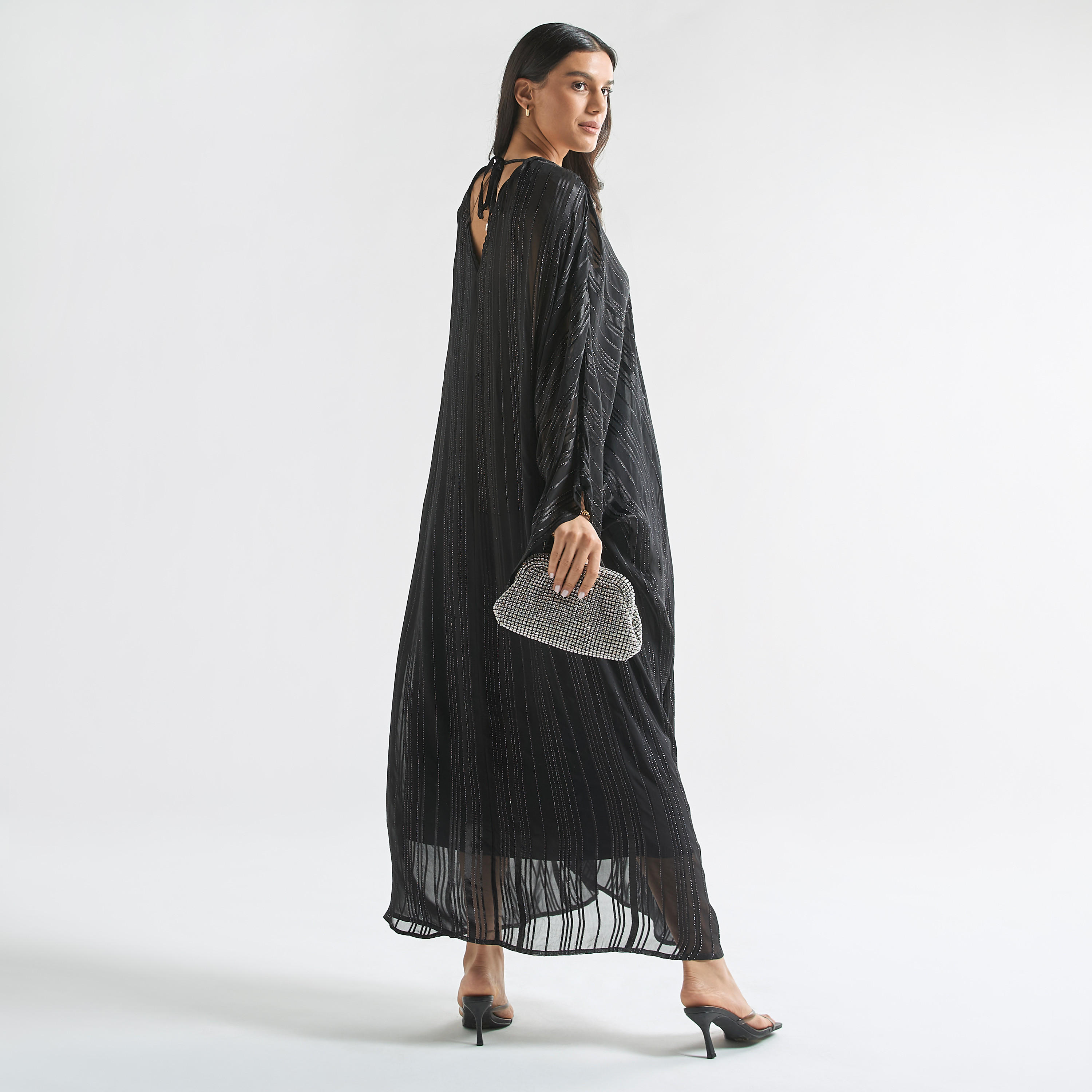Textured Kaftan Dress with V-neck and Tie-Up Detail-women-clothing-dresses-image-3