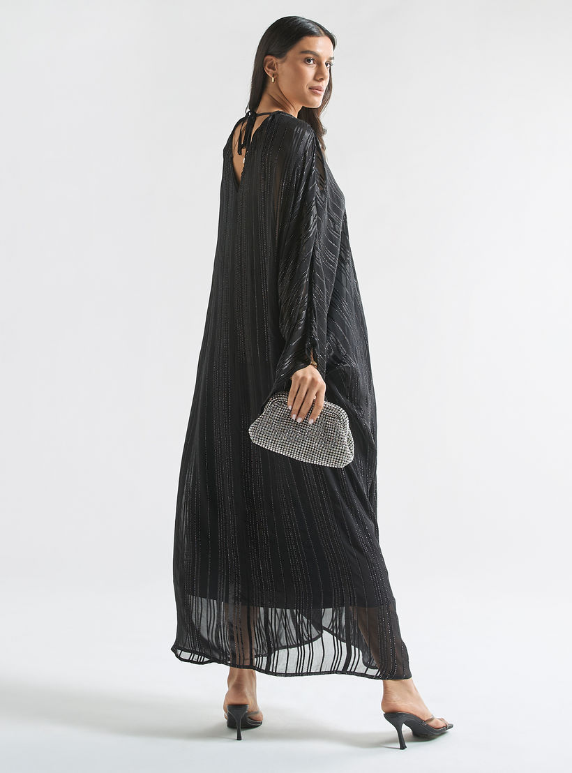 Textured Kaftan Dress with V-neck and Tie-Up Detail-women-clothing-dresses-image-3